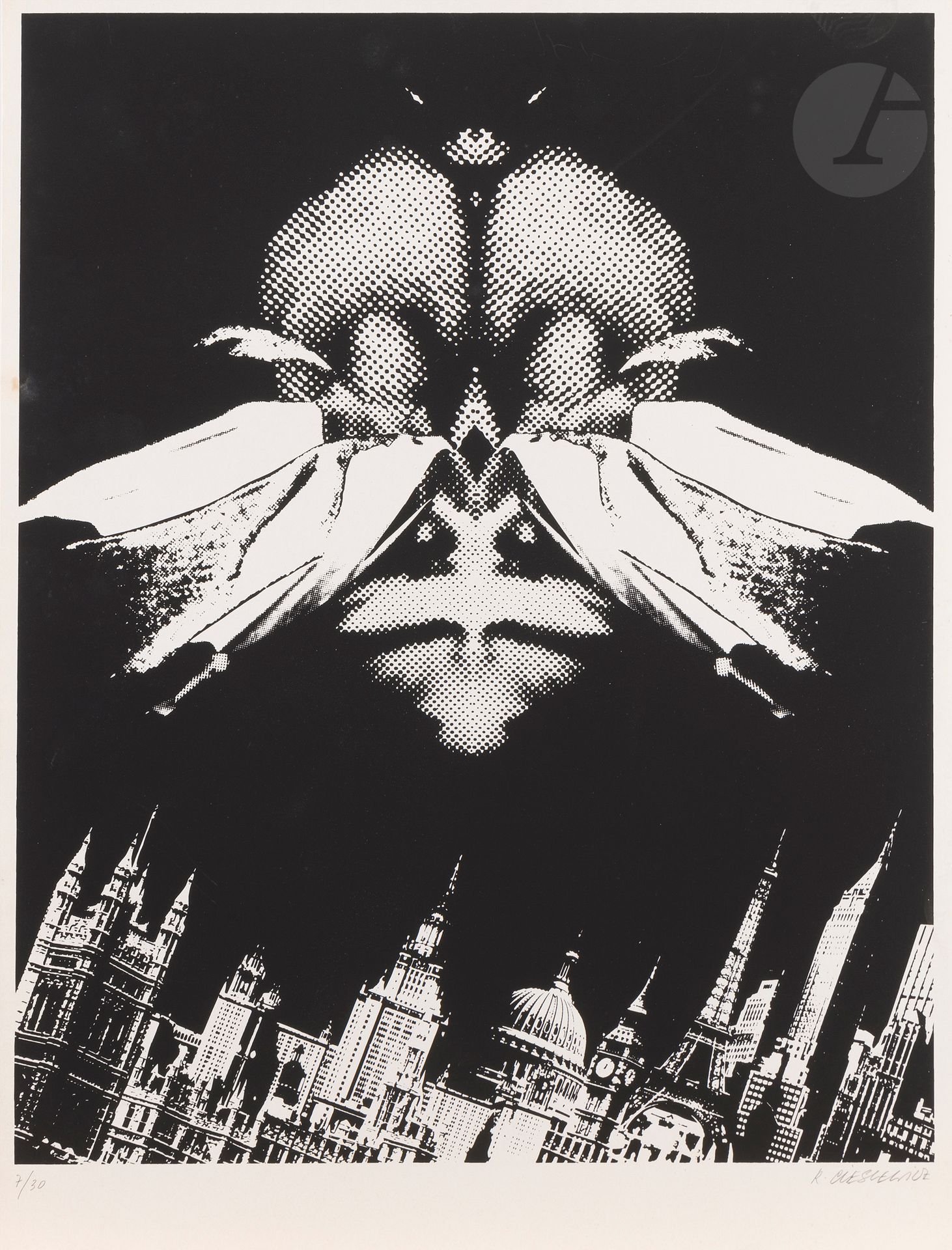 Roman Cieślewicz (polonais, 1930-1996)
Capitales. Vers 1978. Sérigraphie. La feuille: 500 x 650 mm. Très belle épreuve sur vélin blanc fort, numérotée et signée au crayon. Toutes marges. Tirage à 30 épreuves. 
Provenance: collection Lilette Berger, veuve de Sam Szafran (1934-2019), Malakoff.