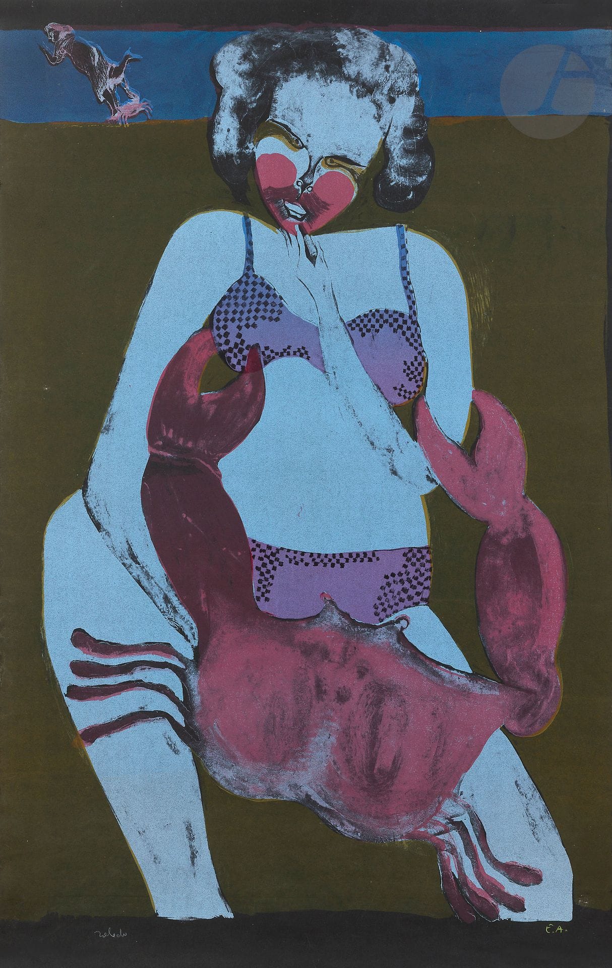 Francisco Toledo (Mexican, 1940-2019) Woman with crab. 1979. Lithograph. Sheet size: 640 x 1000 mm. Printed in colors. Fine proof on black vellum, signed in pencil then justified "EA" in yellow pencil. Minor accidents and a few handling creases at the edges. Full margins. Final edition of 100 proofs.