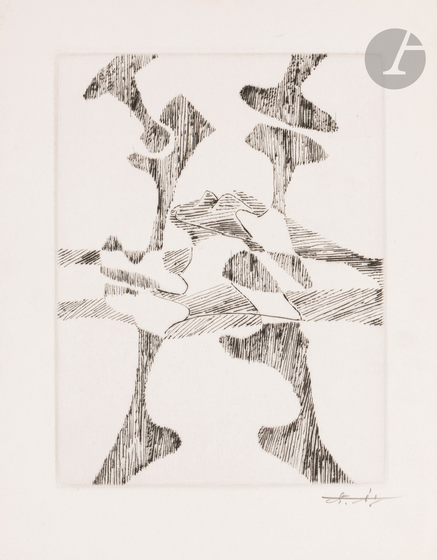 Agustín Cárdenas (cubain, 1927-2001)
Le Crève-cœur du vieux soldat. 1977. Pointe sèche. 157 x 209 mm. Très belle épreuve sur feuillet de vélin blanc remplié, signée au crayon. Toutes marges.
Provenance: collection Lilette Berger, veuve de Sam Szafran (1934-2019), Malakoff.