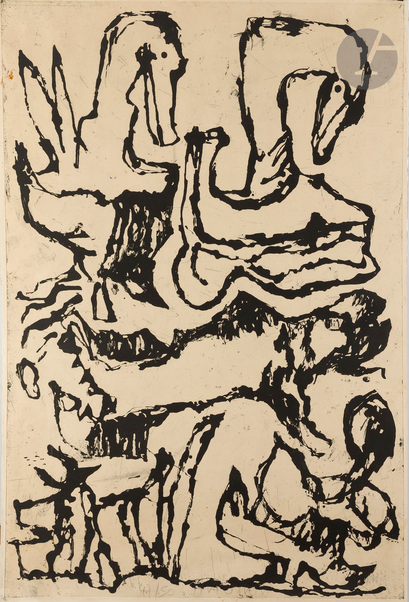 Jean-Pierre Pincemin (1944-2005)
Les Cygnes. 1991. Aquatinte au sucre. La feuille: 800 x 1205 mm. Très belle épreuve sur vélin fort ivoire, numérotée et signée. Petite giclure de peinture brune en haut à gauche autre giclure plus claire à droite. Morceaux de kraft gommé, traces de colle et épidermures aux bords au verso. Toutes marges. Tirage à 50 épreuves.