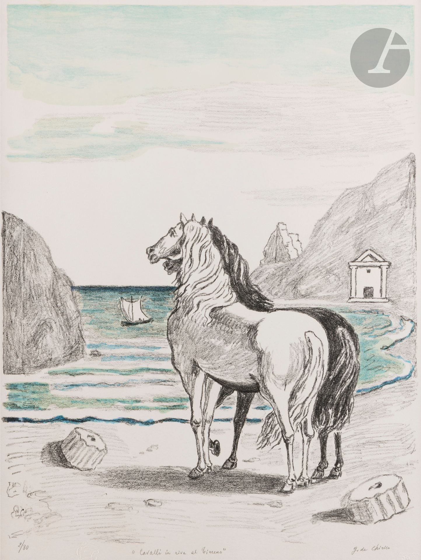 Giorgio de Chirico (1888-1978)
Cavalli in riva al Tirreno (Chevaux sur les rives de la mer Tyrrhénienne), 1re version au ciel bleu. 1970. Lithographie. La feuille: 525 x 700 mm. Brandani 103. Impression en couleurs. Belle épreuve sur vélin blanc, numérotée, titrée et signée au crayon, montée sous passe-partout par une bande de papier gommé sur le pourtour au verso. Toutes marges. Tirage à 80 épreuves. Timbre secde l’artiste.