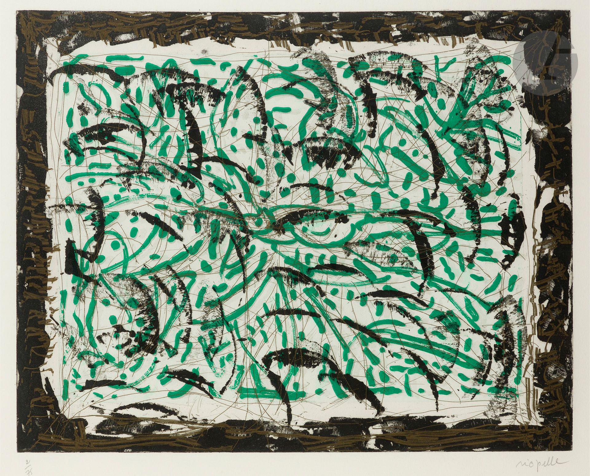 Jean-Paul Riopelle (canadien, 1923-2002)
Pl. n° 2 de la suite Les Mouches à marier. 1985. Eau-forte et aquatinte.La feuille: 660 x 500 mm. Impression en couleurs. Riopelle1985.26. Très belle épreuve sur vélin blanc, numérotée et signée au crayon. Toutes marges. Tirage à 75 épreuves. Galerie Lelong éd. Cadre (non examinée hors du cadre).