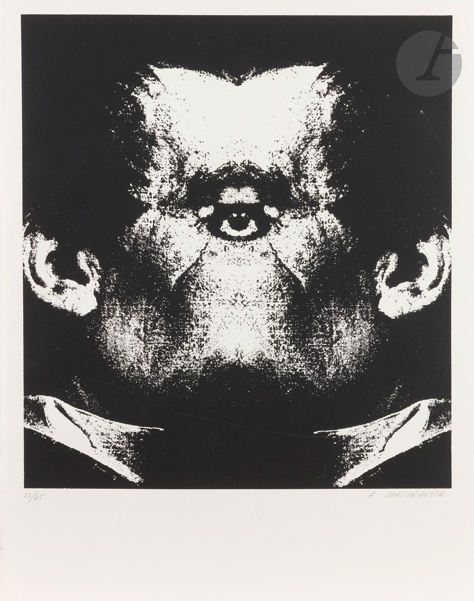 Roman Cieślewicz (polonais, 1930-1996)
Portrait. Vers 1978. Sérigraphie. La feuille: 500 x 650 mm. Très belle épreuve sur vélin blanc, numérotée et signée au crayon. Toutes marges. Tirage à 45 épreuves. 
Provenance: collection Lilette Berger, veuve de Sam Szafran (1934-2019), Malakoff.