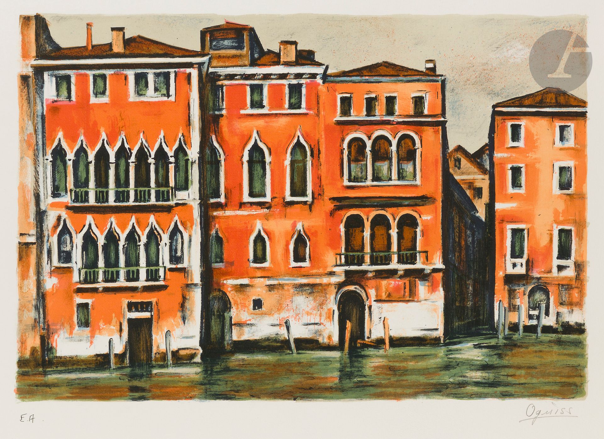 Takanori Oguiss (1901-1986)
Palais rouge à Venise. 1981. Lithographie. La feuille: 650 x 480 mm. Impression en couleurs. Très belle épreuve sur vélin blanc, justifiée «E.A.» et signée au crayon. Menues salissures aux bords. Toutes marges.