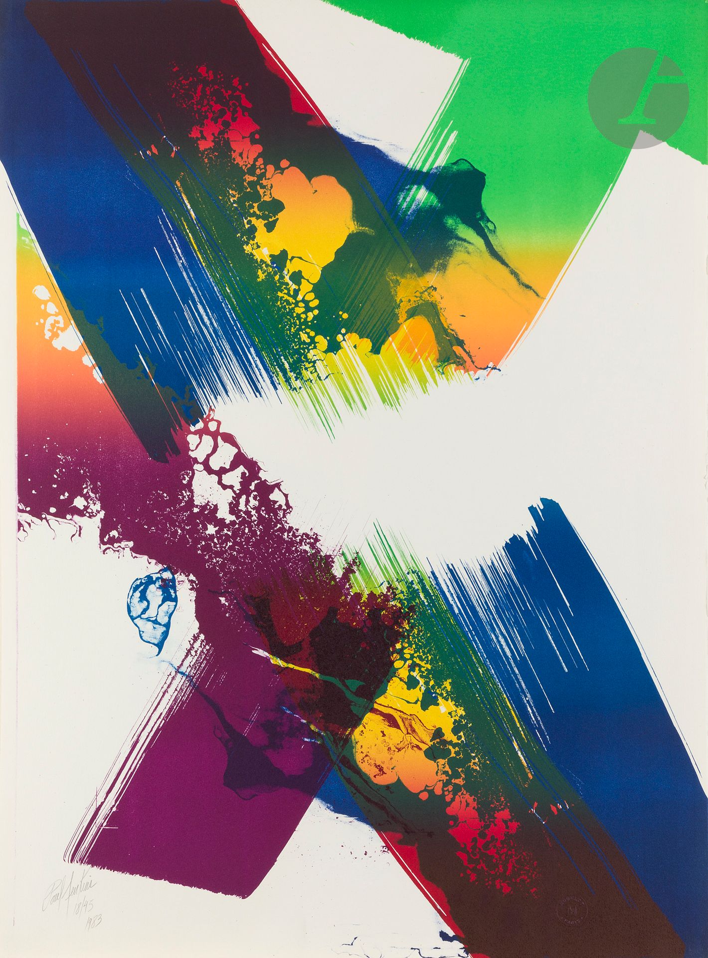 Paul Jenkins (américain, 1923-2012) 
Série Mourlot, pl. II. 1983. Lithographie. La feuille : 560 x 755 mm. Impression en couleurs. Parfaite épreuve sur vélin blanc, signée, numérotée et datée au crayon. Toutes marges non ébarbées. Timbre sec : Mourlot Paris.