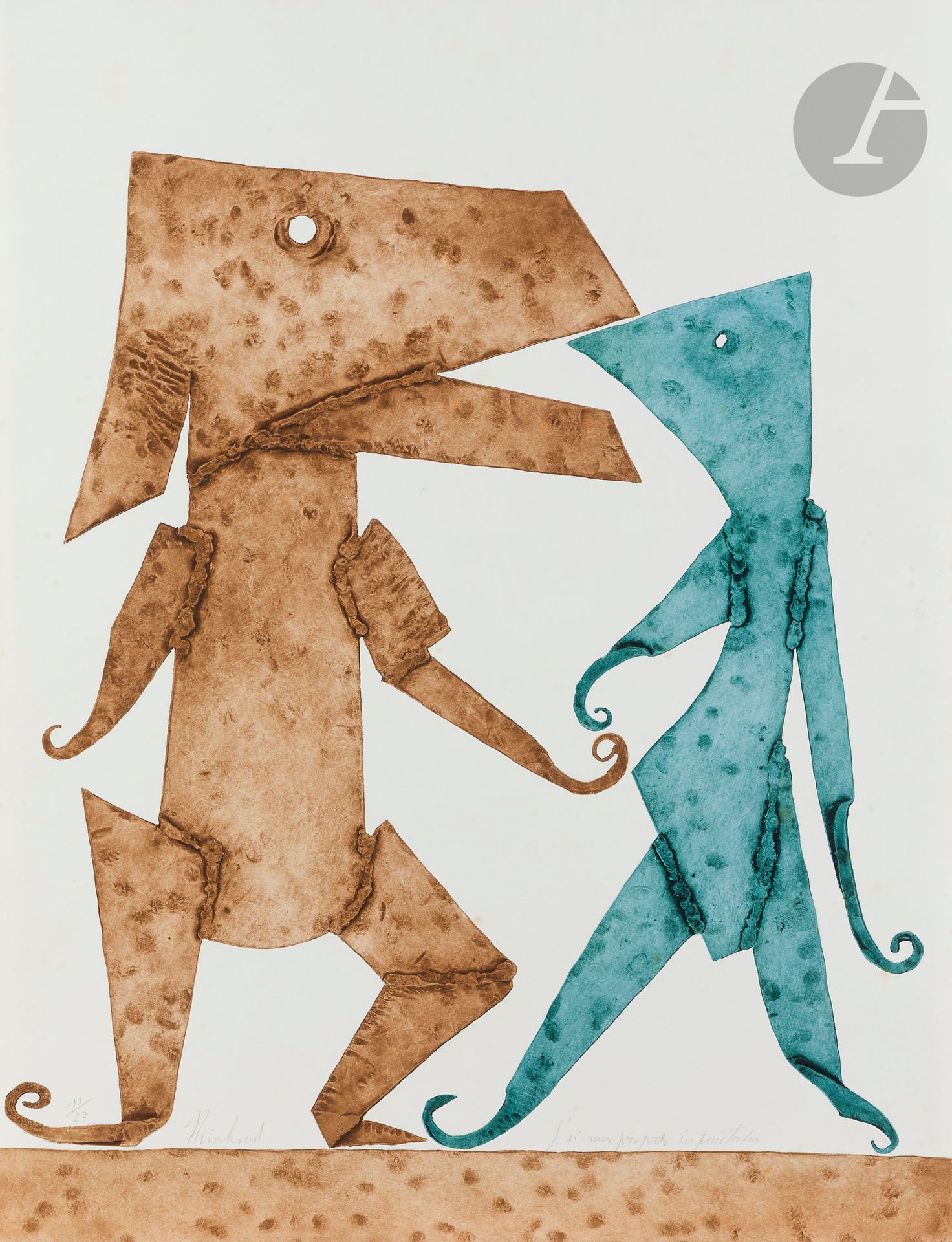 Reinhoud (Reinhoud d’Haese, dit) (belge, 1928-2007)
J’ai mes propres inquiétudes. Eau-forte sur plaques de métal découpées et assemblées. La feuille: 500 x 660 mm. Impression en brun et bleu. Parfaite épreuve sur vélin blanc, numérotée, signée et titrée au crayon. Toutes marges. Tirage à 23 épreuves. Joint: 17 pour; 17 contre. Lithographie. Chaquefeuille: 480 x 660 mm. Impression en couleurs. Belles épreuves sur vélin, numérotées et signées au crayon, légèrement oxydées. Toutes marges. Tirage à 300 épreuves. Ens. 3 p.