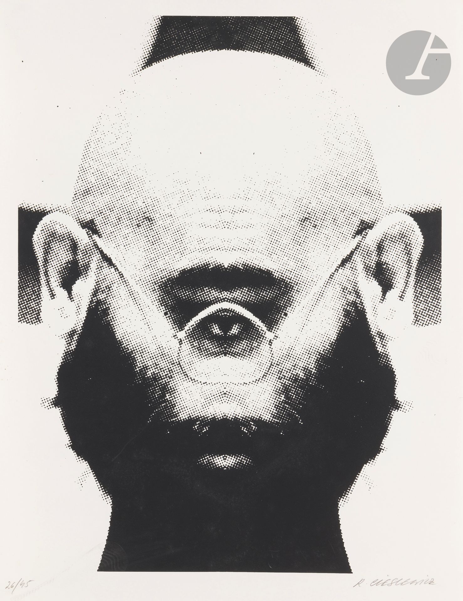 Roman Cieślewicz (polonais, 1930-1996)
Gandhi. Vers 1978. Sérigraphie. La feuille: 500 x 650 mm. Très belle épreuve sur vélin blanc, numérotée et signée au crayon. Petite bande de salissure oblique dans l’angle inférieur gauche du sujet. Toutes marges. Tirage à 45 épreuves. 
Provenance: collection Lilette Berger, veuve de Sam Szafran (1934-2019), Malakoff.