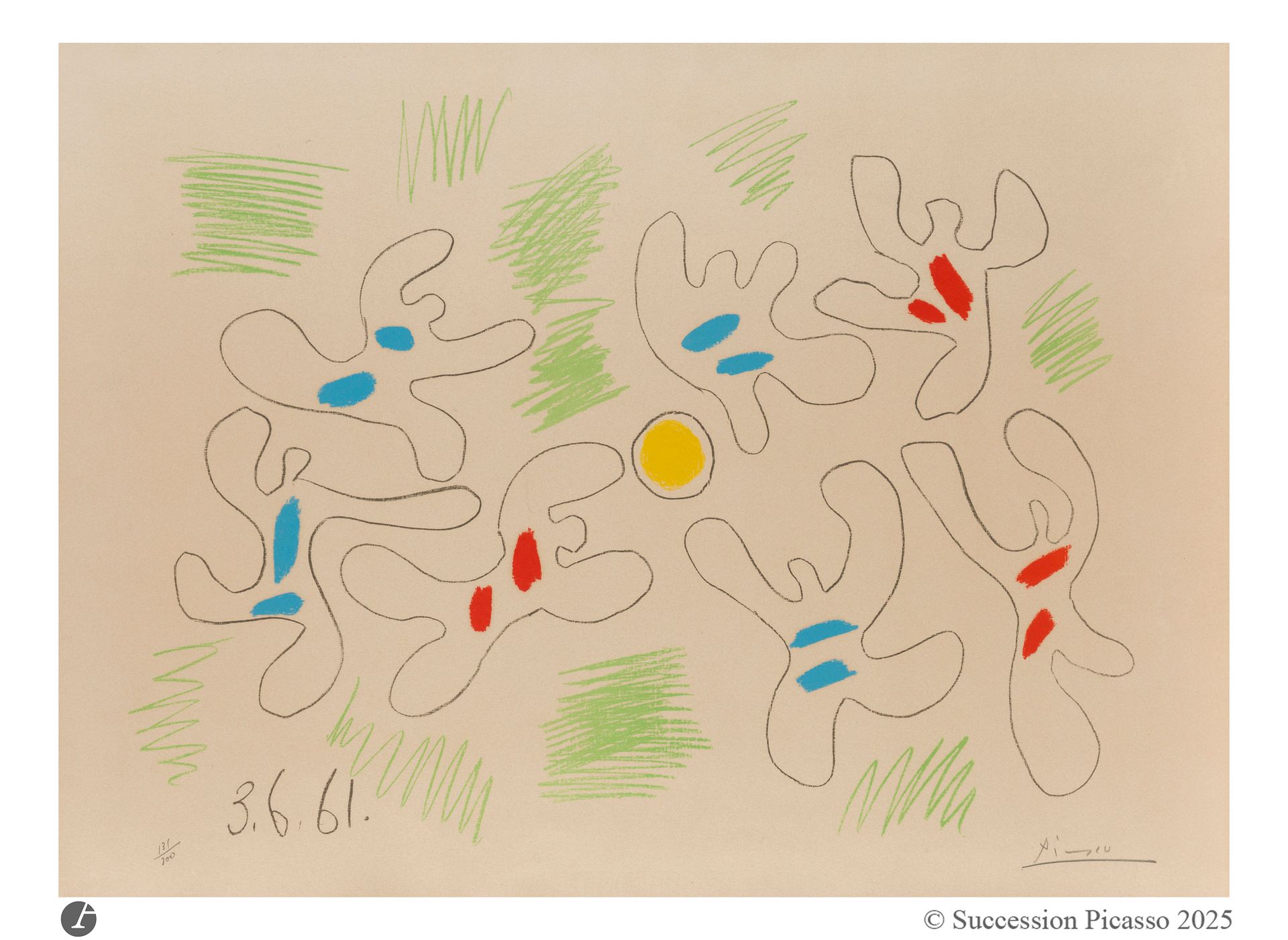 Pablo Picasso (1881-1973) 
Football. 1961. Lithographie. La feuille: 750 x 545 mm. Bloch 1019; Mourlot 356; Güse-Rau 721. Impression en couleurs. Belle épreuve sur vélin, numérotée et signée au crayon, insolée, avec fines bandes brunâtres aux bords. Toutes marges. Tirage à 200 épreuves pour le journal Le Patriote de Nice et du Sud-Est.