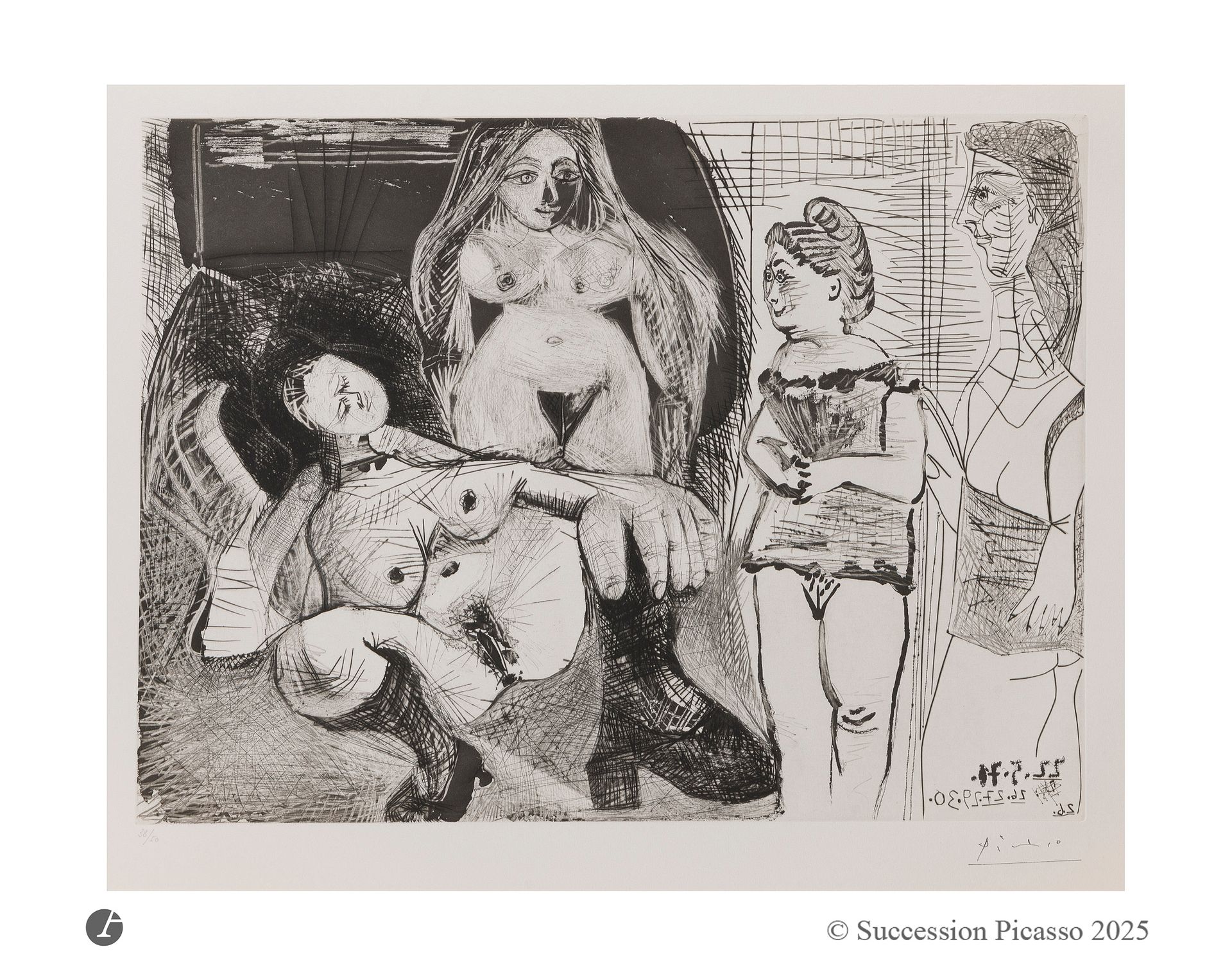 Pablo Picasso (1881-1973) 
Filles entre elles. La sous-maîtresse. (Les 156, pl. 134). 22 mai 1971. Aquatinte au sucre, eau-forte, grattoir et pointe sèche. 492x365 mm. Bloch 1989; Baer 1999. Parfaite épreuve sur vélin blanc, numérotée au crayon et revêtue du timbre de la signature (Lugt 2026e). Toutes marges. Tirage à 50 épreuves. Galerie Louise Leiris éd. (1978).