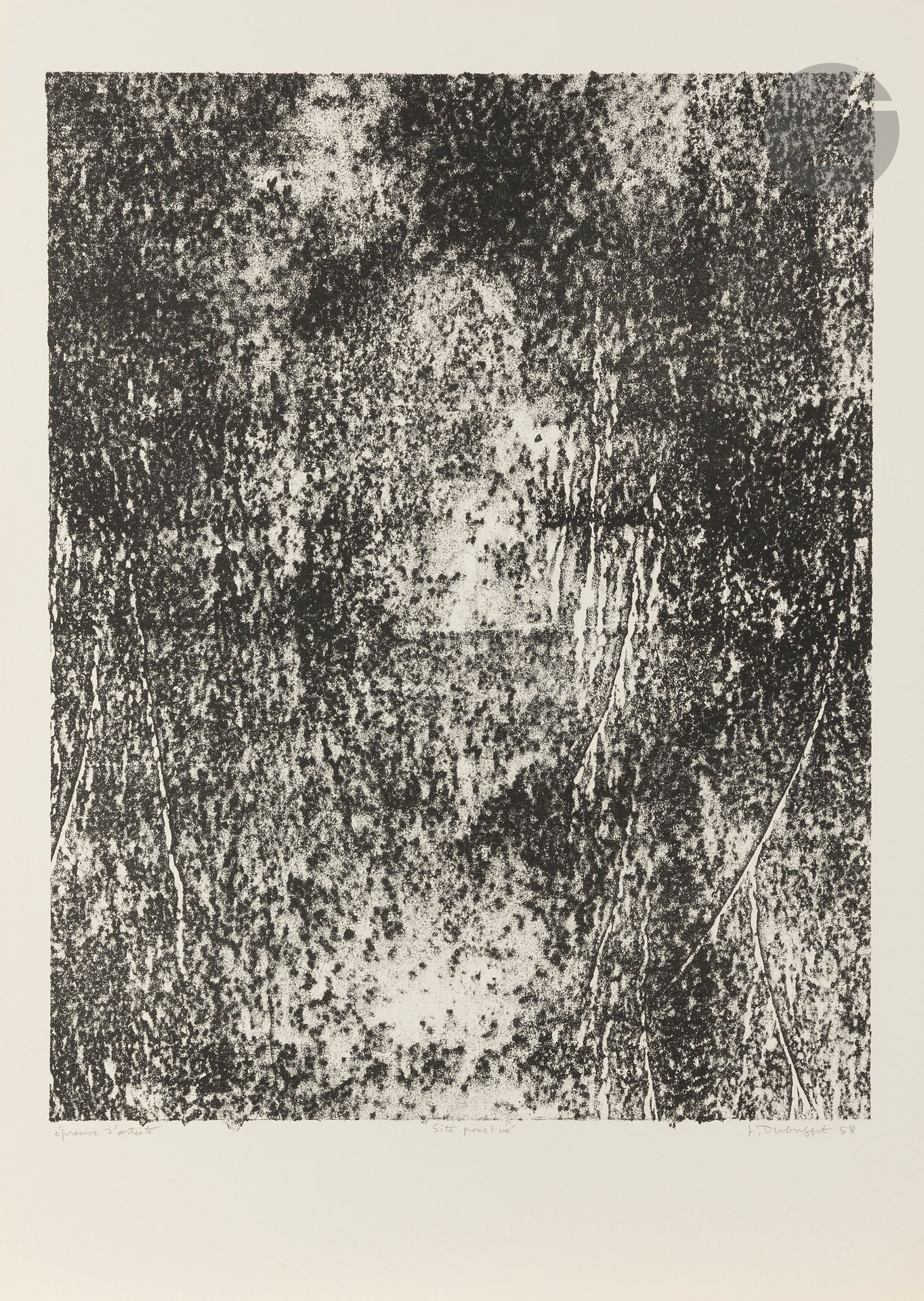 Jean Dubuffet (1901-1985)
Site ponctué. (Pl. VIII pour l’album Territoires). 1958. Lithographie. La feuille: 450 x 635 mm. Webel 516. Très belle épreuve sur vélin, justifiée «épreuve d’artiste», titrée, signée et datée au crayon. Toutes marges. Tirage définitif à 25 épreuves.