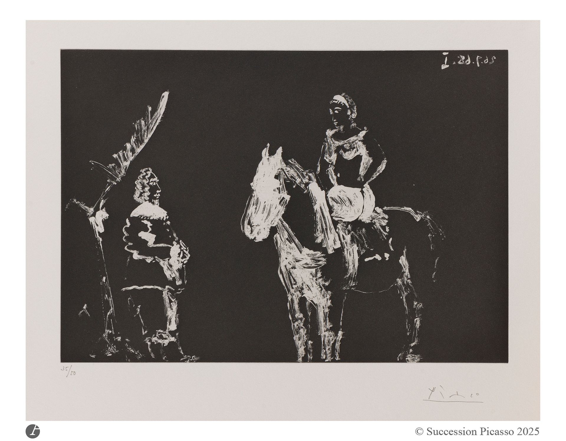 Pablo Picasso (1881-1973) 
Théâtre: adieux à l’écuyère. (Les 347, pl. 336). 26 septembre 1968. Aquatinte. 325 x 228 mm. Bloch 1816; Baer 1833. Parfaite épreuve sur vélin blanc, numérotée et signée au crayon. Toutes marges. Tirage à 50 épreuves. Galerie Louise Leiris éd. (1969).
