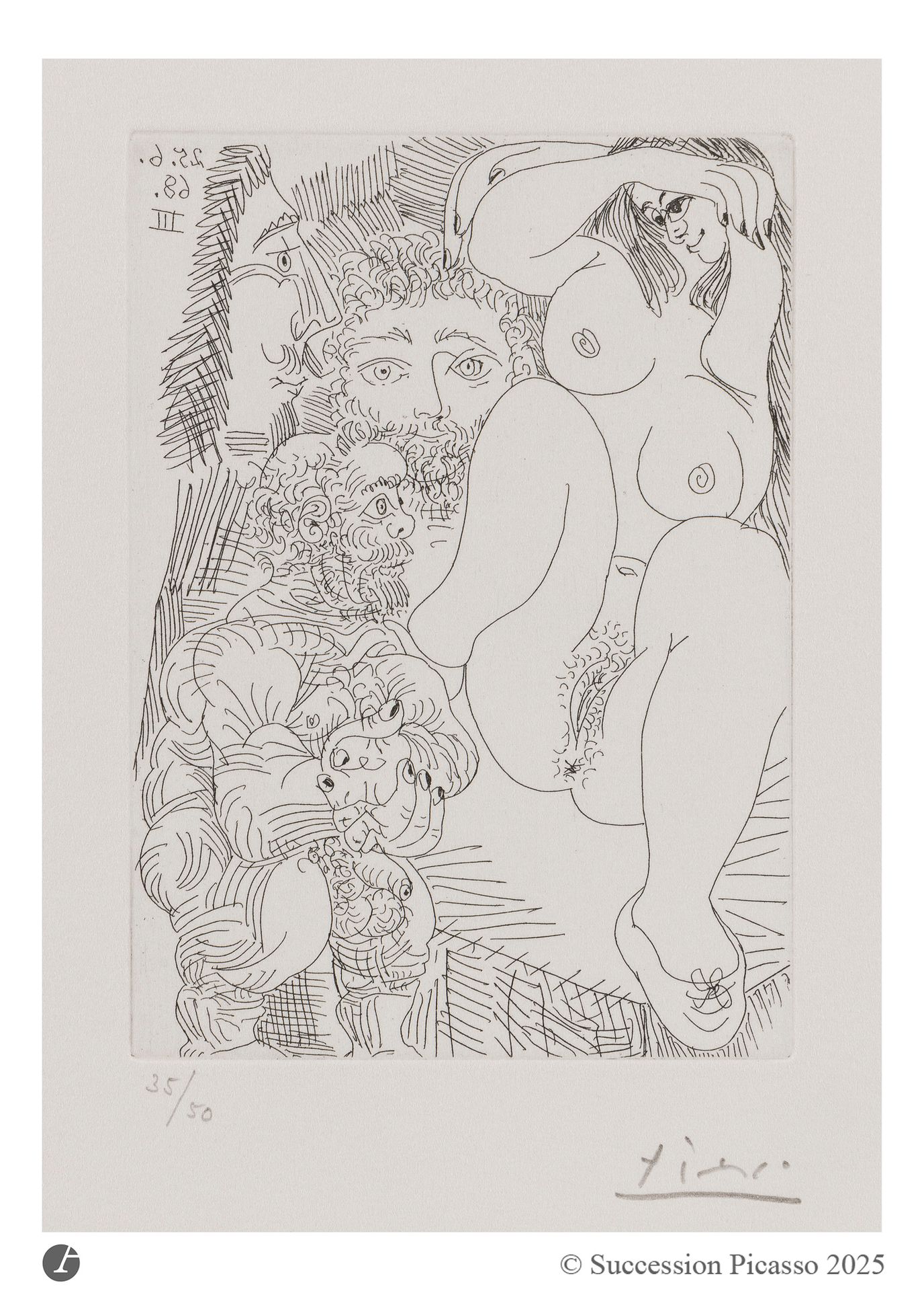 Pablo Picasso (1881-1973) Jeune courtisane avec un gentilhomme, un sculpteur et un vieillard alléché (The 347, pl. 185). June 25, 1968. Etching. 89 x 124 mm. Bloch 1654; Baer 1681. Perfect proof on white vellum, numbered and signed in pencil. Full margins. Edition of 50 proofs. Galerie Louise Leiris ed. 1969.