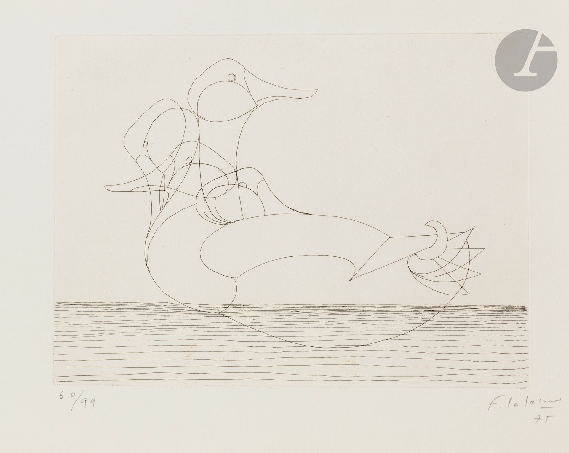 François-Xavier Lalanne (1927-2008) Four-headed duck. 1975. Etching. 302 x 225 mm. Very fine proof on "Richard de Bas" watermarked vellum, numbered, signed and dated in pencil. Full margins. Edition of 99 proofs.