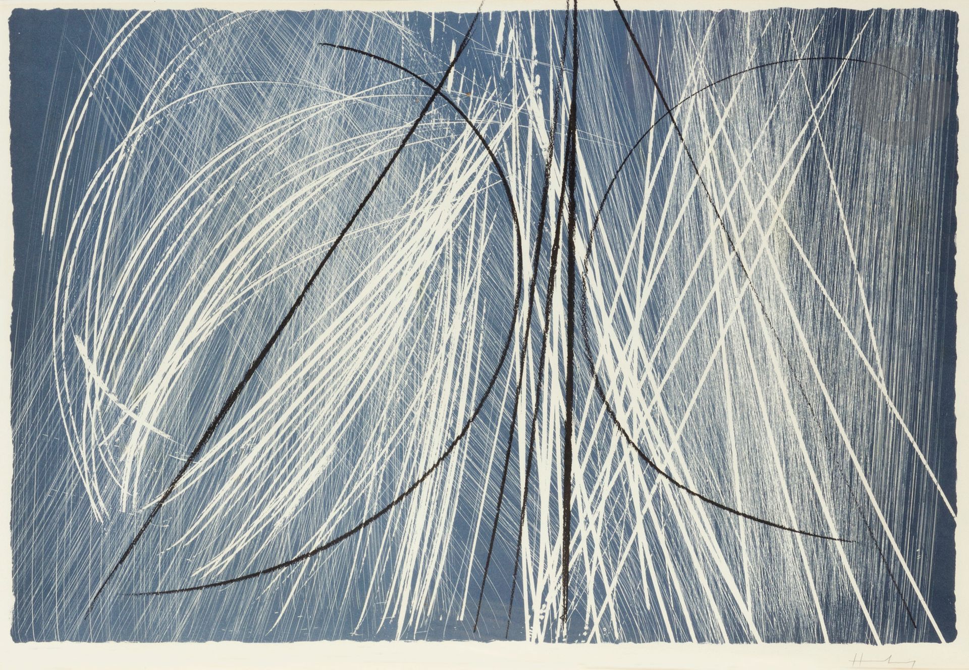 Hans Hartung (1904-1989)
L 1971-2. 1971. Zincographie. À vue : 625 x 400 mm. Mason 346. Impression en couleurs. Belle épreuve sur vélin blanc, signée au crayon. Marges. Tirage à 200 épreuves. Cercle graphique européen éd., Amsterdam [Utrecht]. Cadre (non examinée hors du cadre).