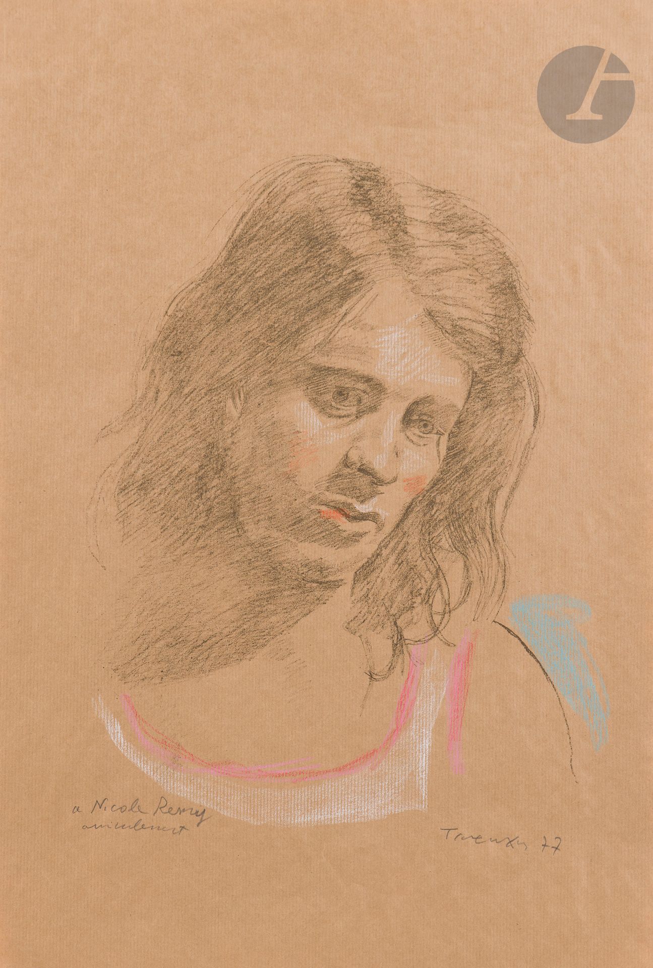 Yannis Tsarouchis (grec, 1910-1989)
Portrait de jeune homme. 1977. Lithographie. La feuille: 382 x 563 mm. Très belle épreuve sur papier kraft, rehaussée aux crayons de couleurs, dédicacée «à Nicole Remy, amicalement», signée et datée au crayon. Toutes marges.