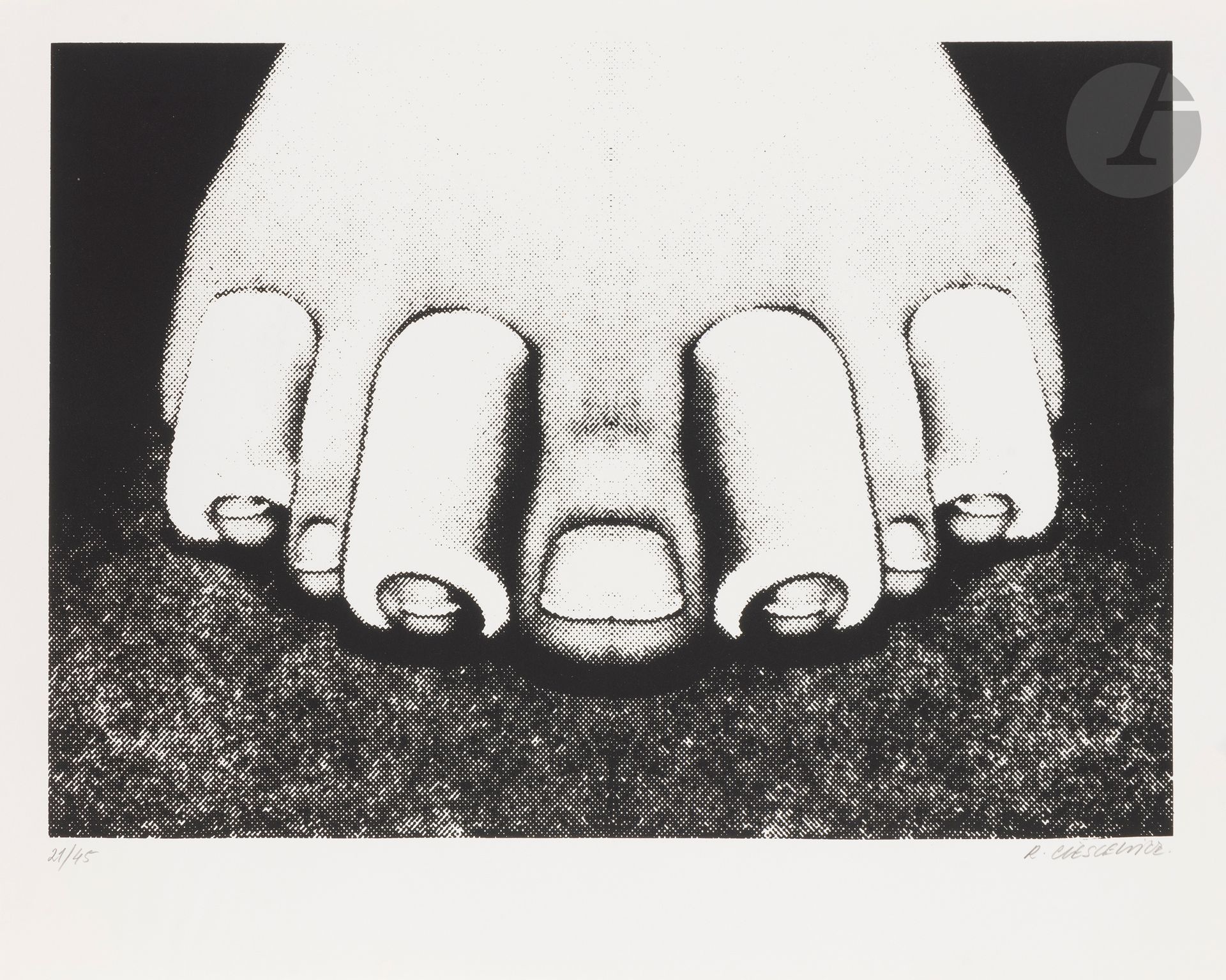 Roman Cieślewicz (polonais, 1930-1996)
Pied. Vers 1978. Sérigraphie. La feuille: 650 x 500 mm. Très belle épreuve sur vélin blanc, numérotée et signée au crayon. Toutes marges. Tirage à 45 épreuves. 
Provenance: collection Lilette Berger, veuve de Sam Szafran (1934-2019), Malakoff.
