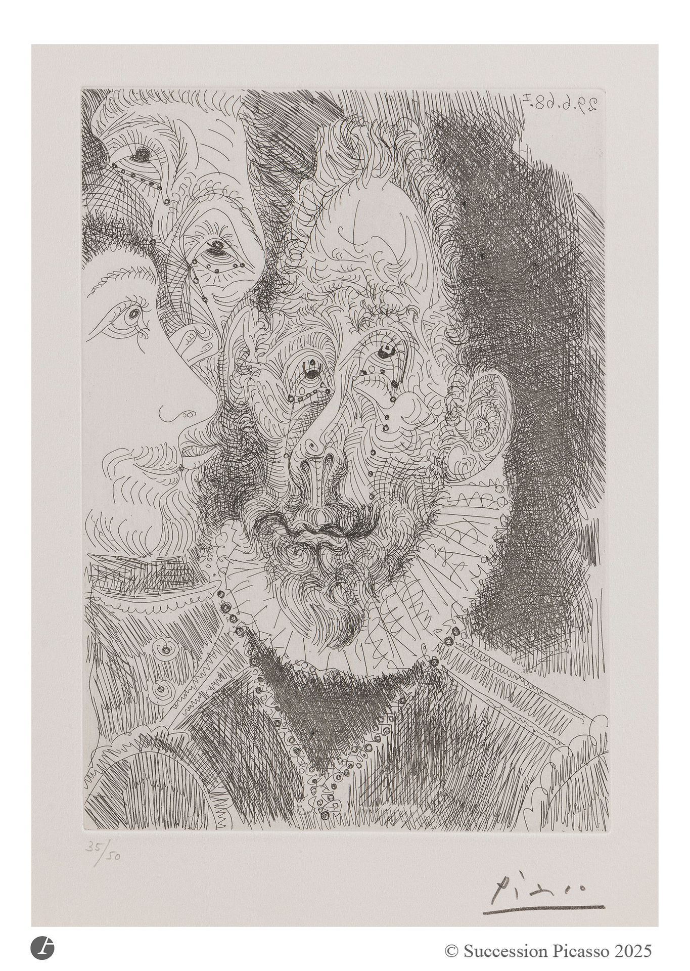 Pablo Picasso (1881-1973) 
Portrait-charge d’un des personnages de L’Enterrement du comte d’Orgaz, en larmes. (Les 347, pl. 194). 29 juin 1968. Eau-forte. 148 x 208 mm. Bloch 1674; Baer 1690. Parfaite épreuve sur vélin blanc, numérotée et signée au crayon. Toutes marges. Tirage à 50 épreuves. Galerie Louise Leiris éd. (1969).