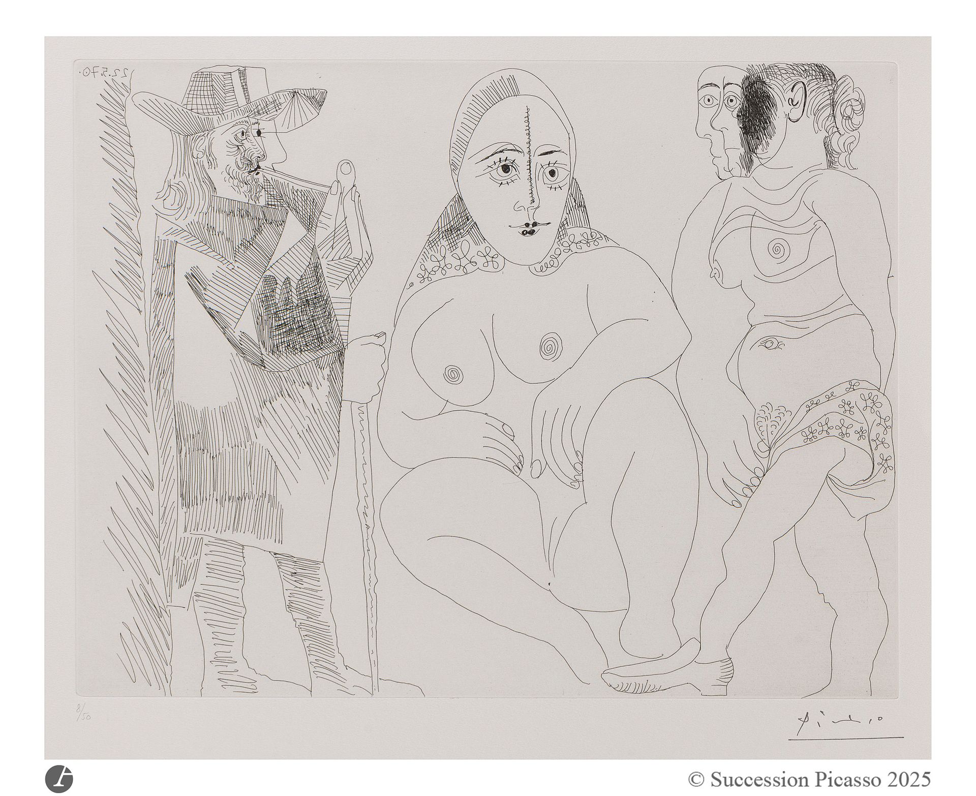 Pablo Picasso (1881-1973) 
Caballero à la pipe avec deux femmes, dont une masquée. (Les 156, pl. 53). 22 mai 1970. Eau-forte. 349 x 272 mm. Bloch 1908 ; Baer 1914. Parfaite épreuve sur vélin blanc, numérotée au crayon et revêtue du timbre de la signature (Lugt 2026e). Toutes marges. Tirage à 50 épreuves. Galerie Louise Leiris éd. (1978).