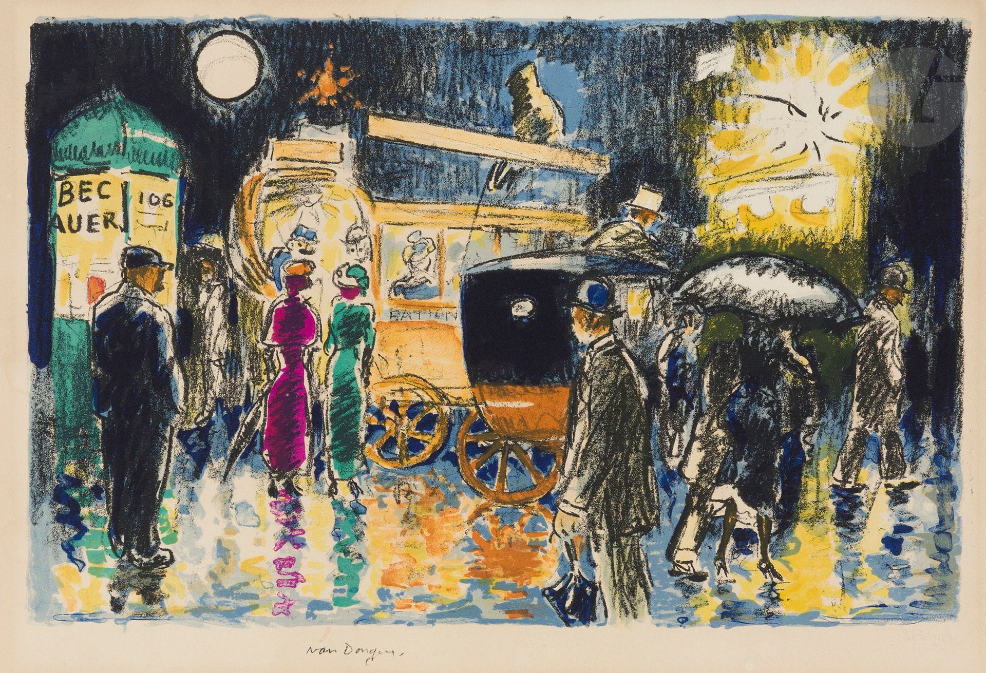 Kees van Dongen(1877-1968)
Place Pigalle, la nuit. Vers 1950. Lithographie. La feuille: 560 x 380 mm. Juffermans (2003) L24. Impression en couleurs. Belle épreuve sur vélin crème, la numérotation effacée à droite (mais encore légèrement perceptible). Traces d’oxydation. Trous d’épingles dans les angles. Toutes marges. Tirage à 290 épreuves. Timbre sec: Guilde de la Gravure, Genève (Lugt 1110b).