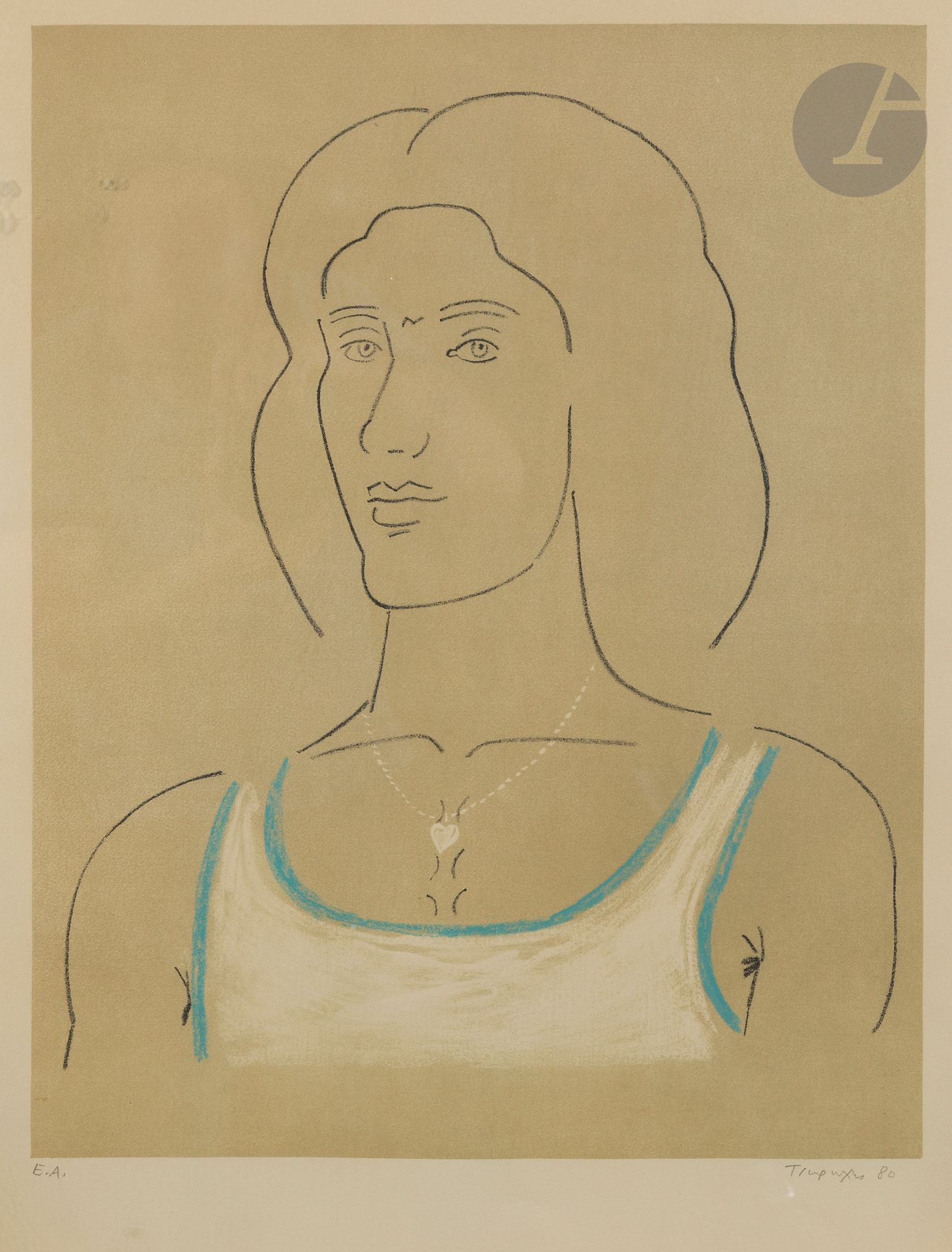 Yannis Tsarouchis (grec, 1910-1989)
Portrait de jeune homme. 1980. Lithographie. La feuille: 485 x 650 mm. Tsitouras 47. Impression en couleurs. Belle épreuve sur vélin, justifiée «E.A.», signée et datée au crayon, insolée. Toutes marges. Sous verre (non examinée hors du cadre).