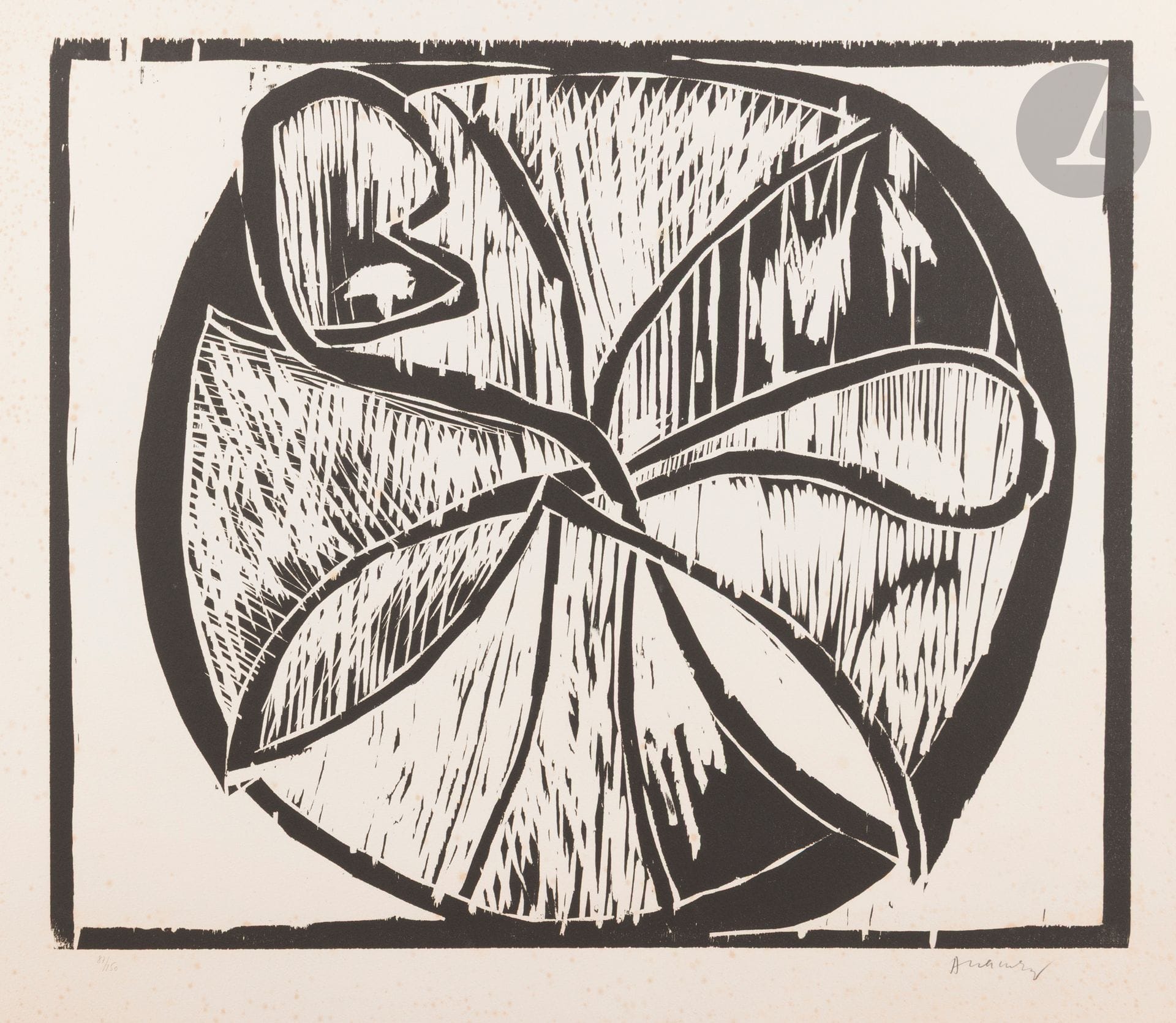 Pierre Alechinsky (belge, né en 1927)
Au fil du bois. 1973. Bois gravé. Chaque feuille: 740 x 630 mm. Réunion de 5 pl. (sur 6). Belles épreuves sur vélin, numérotées et signées au crayon. Nombreuses rousseurs claires et légères traces d’oxydation. Toutes marges. Tirage à 150 épreuves. Portefeuille de toile brune de l’édition avec texte gaufré jaune.
