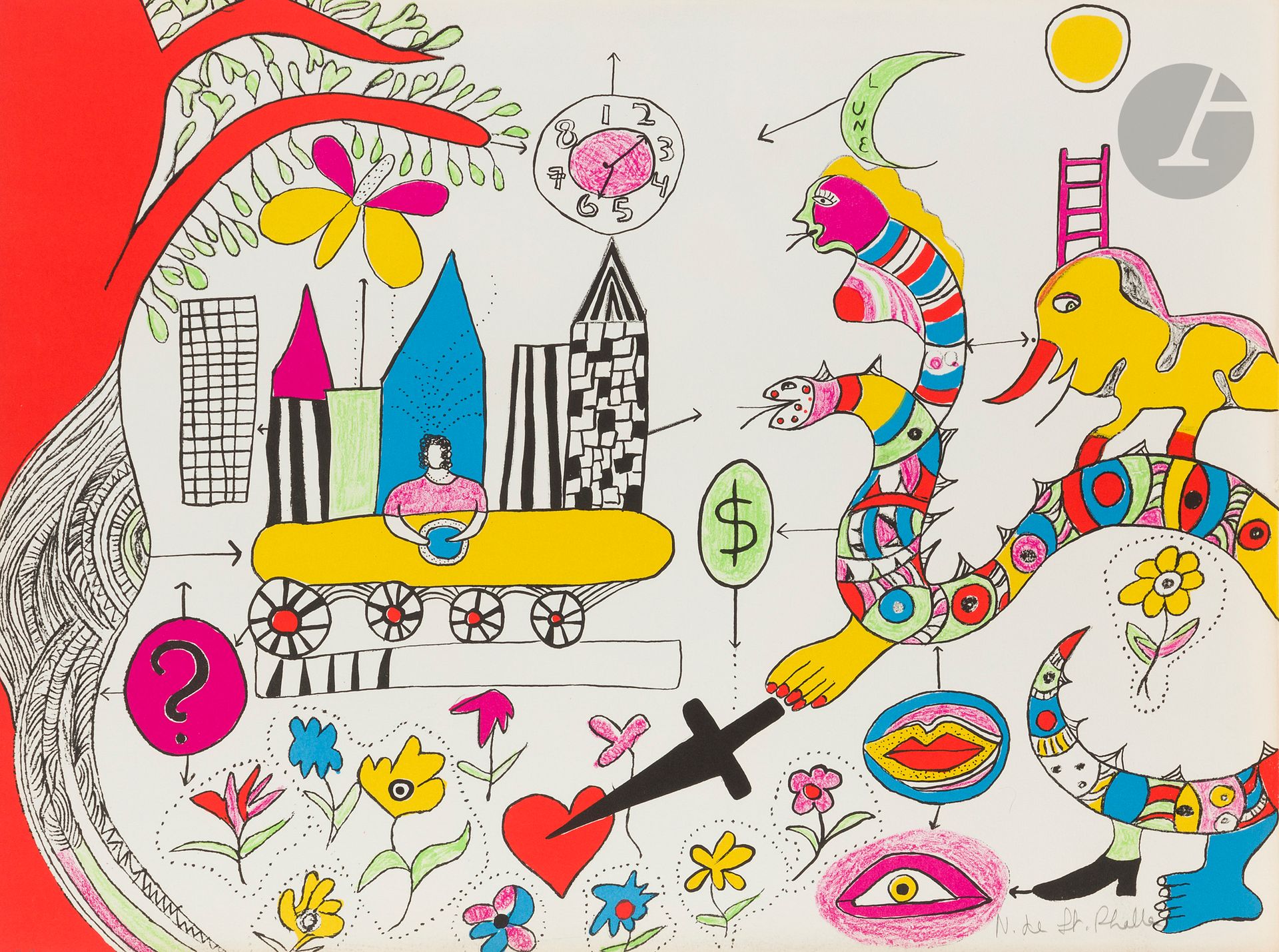 Niki de Saint-Phalle (1930-2002)
Rêve d’une jeune fille. 1972. Lithographie. La feuille: 654 x 485 mm. Chenivesse9. Impression en couleurs. Parfaite épreuve sur vélin blanc, justifiée «e.a» et signée au crayon. Légère oxydation aux bords du feuillet. Toutes marges. Tirage définitif à 300 épreuves. Galerie Putman éd. 
Provenance : collection Colette Creuzevault (1931-2019).