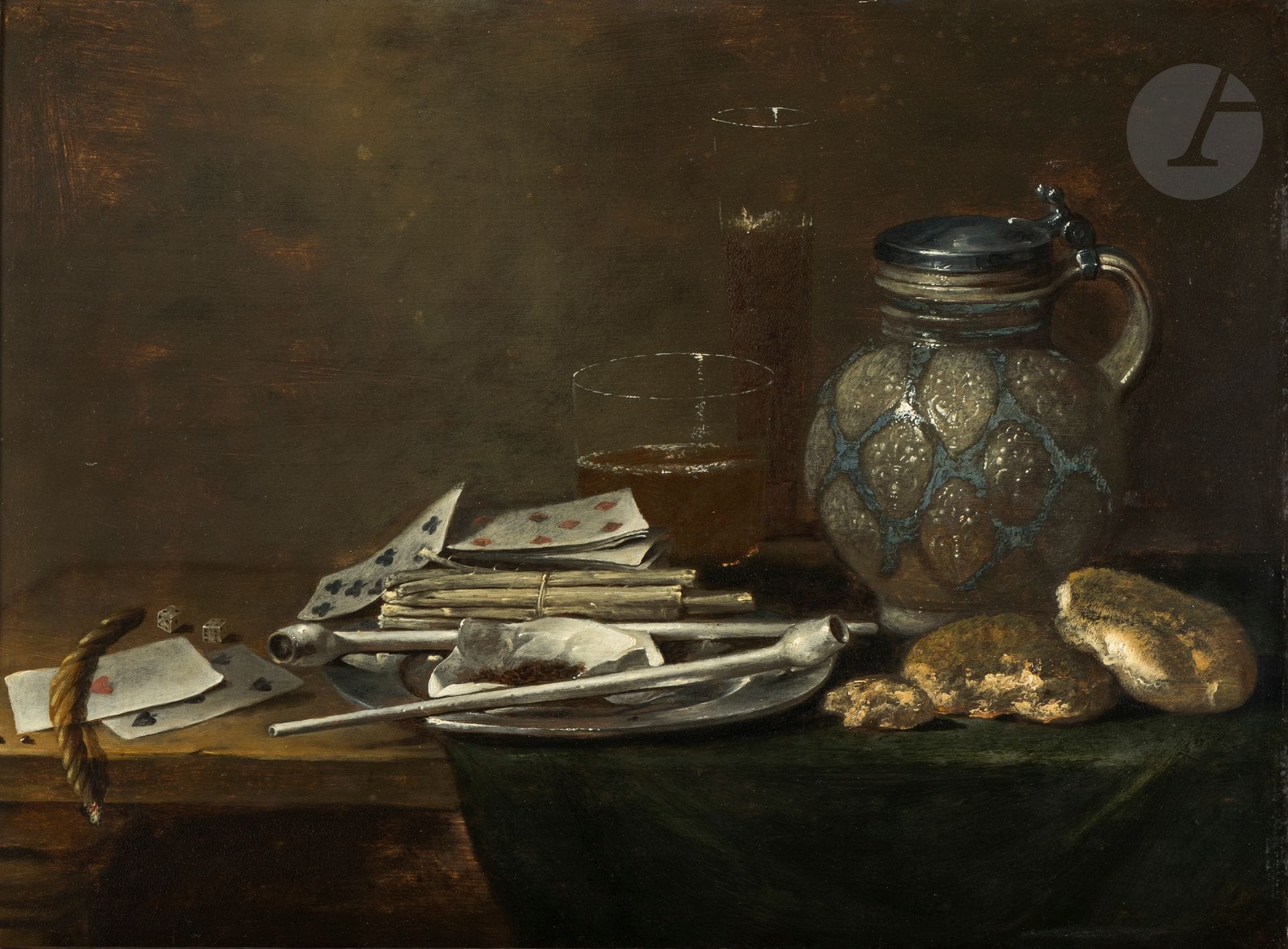 Attribué à Jan FRIS (1627-1672) 
Cartes à jouer et tabac avec des verres de bière sur un entablement
Panneau de chêne, deux planches, non parqueté
42 x 57,5 cm

Provenance : 
Acquis en 1986.