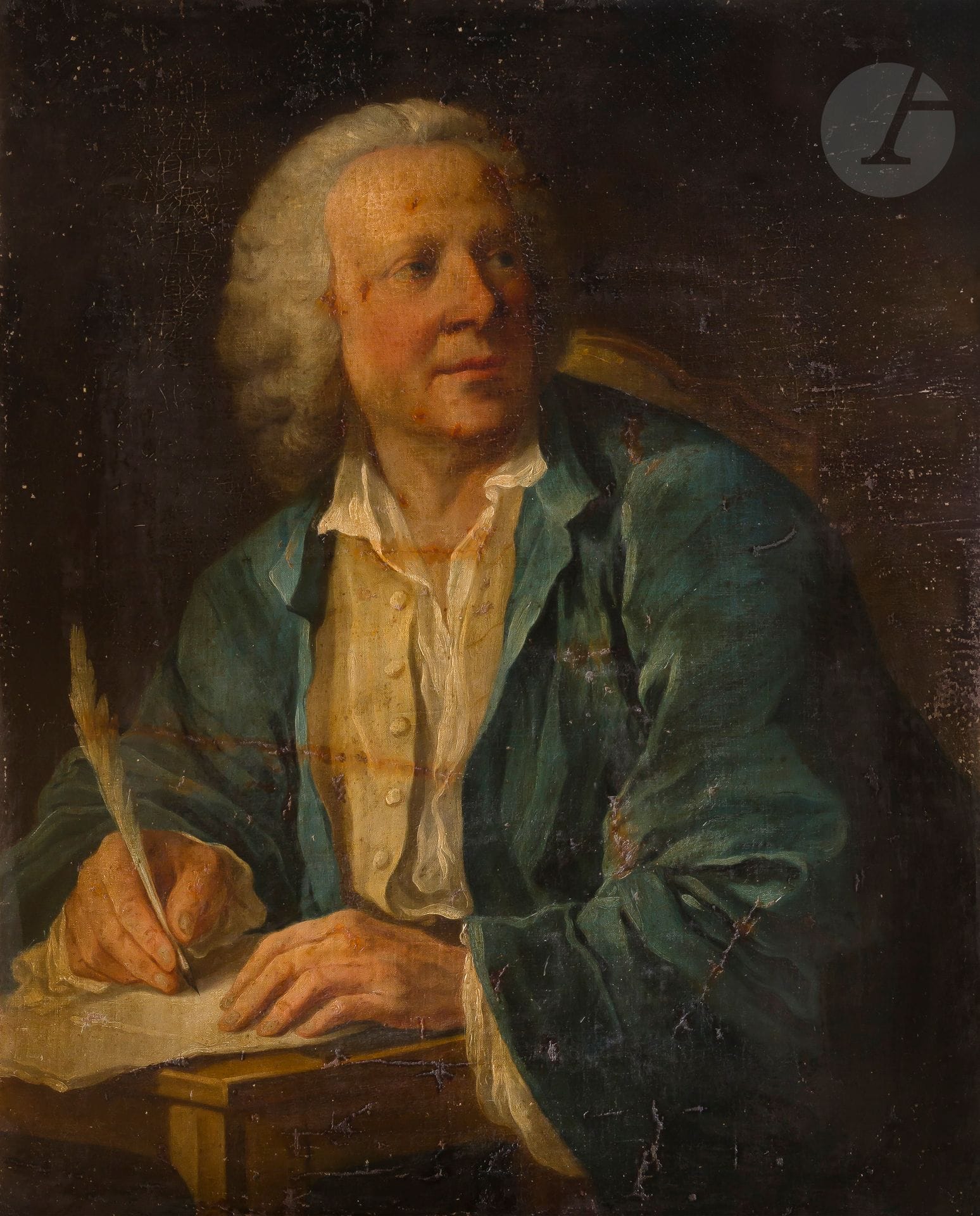 École FRANÇAISE vers 1750
Portrait d'homme écrivant ; Portrait d›homme tenant un dessin de Charles Le Brun, " L'Attention "
Paire de toiles
(Restaurations anciennes et nombreux manques)
78,5 x 64 cm