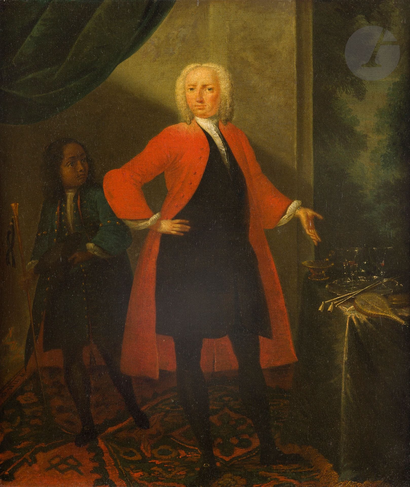 École HOLLANDAISE du XVIIIe siècle
Portrait d'homme et son page
Toile
Porte une inscription et une date à gauche " AElliger / f. 1713 " ou " 1743 "
(Restaurations anciennes)
57 x 48,5 cm