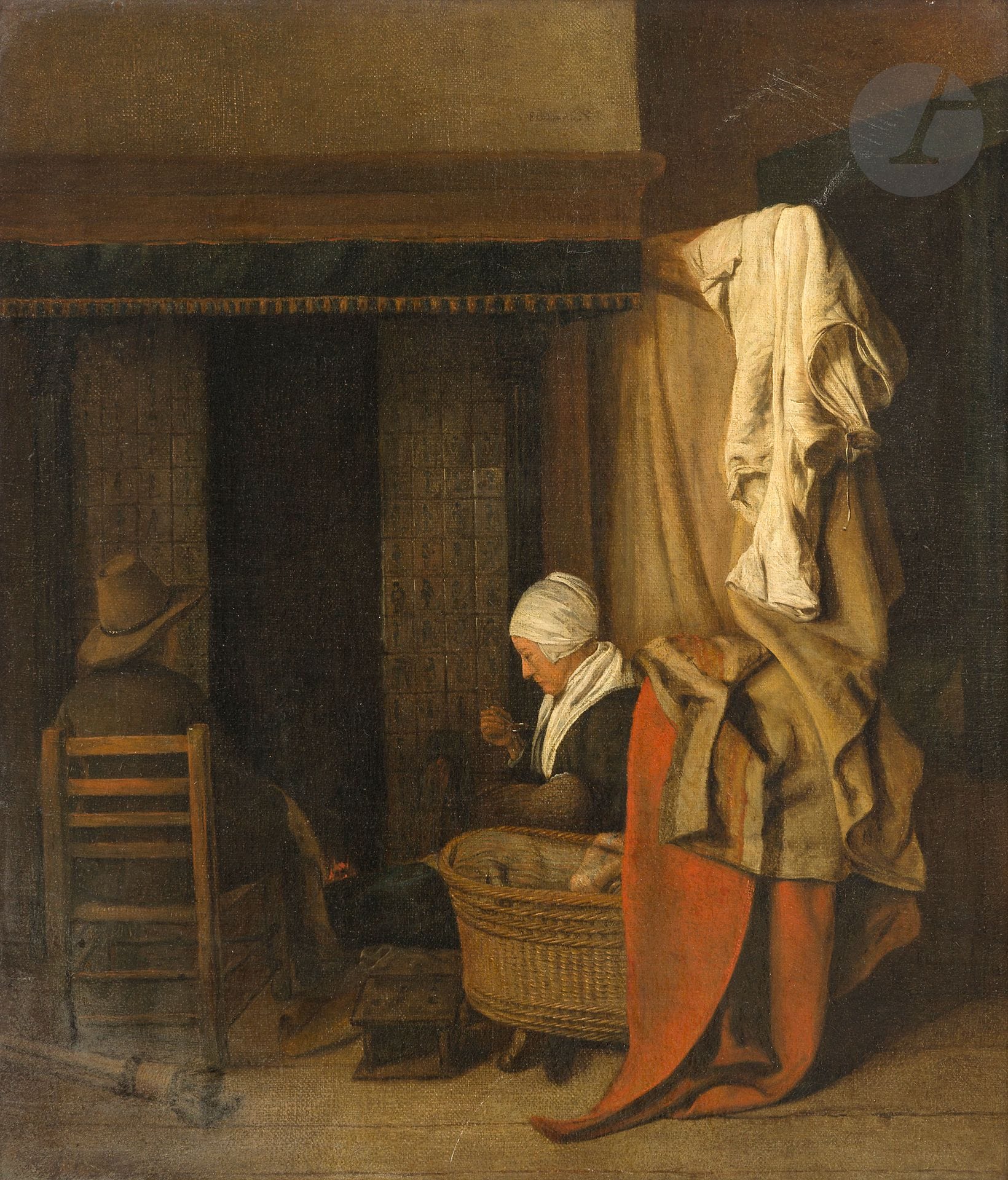 *Esaias BOURSSE (Amsterdam 1631 - en mer 1672)
La Chemise blanche
Toile
Signée au-dessus du tablier de cheminée " Eboursse "
(Restaurations anciennes)
55,5 x 48,5 cm

Provenance :
- Vente de la collection de Mme Goddard, Londres, Christie's, 3 juin 1909, n° 76 (DE HOOGHE, 304.10 à Sackville Gallery) ;
- Vente anonyme (Goldschmidt de Vienne et autres), Lucerne, Galerie Fischer, 5 septembre 1936, n° 2303 (Boursse E. Non vendu) ;
- M. Valentiner vit ce tableau en 1912, "chez un marchand" (d'après C. Brière-Misme, op. supra.) ;
- Chez Katz, Dieren, Gueldre, en 1938 ;
- Collection de Vos, Amsterdam, en 1943
- Vente Amsterdam, 27 mai 1943, n°3 (d'après C. Brière-Misme, op. supra. N'a pas pu être vérifiée) ;
- Collection particulière Etats-Unis et Suisse ;
- Vente online, Sotheby's, 7 mai 2020, n° 50 (Esaias Boursse) ;
- Acquis par un particulier à la vente Sotheby's.

Bibliographie :
C. Brière-Misme, Un "Intimiste" hollandais Esaias Boursse, dans Oud Holland, vol. 69, n° 4, 1954, cité p. 79, reproduit fig. 8 p. 80.