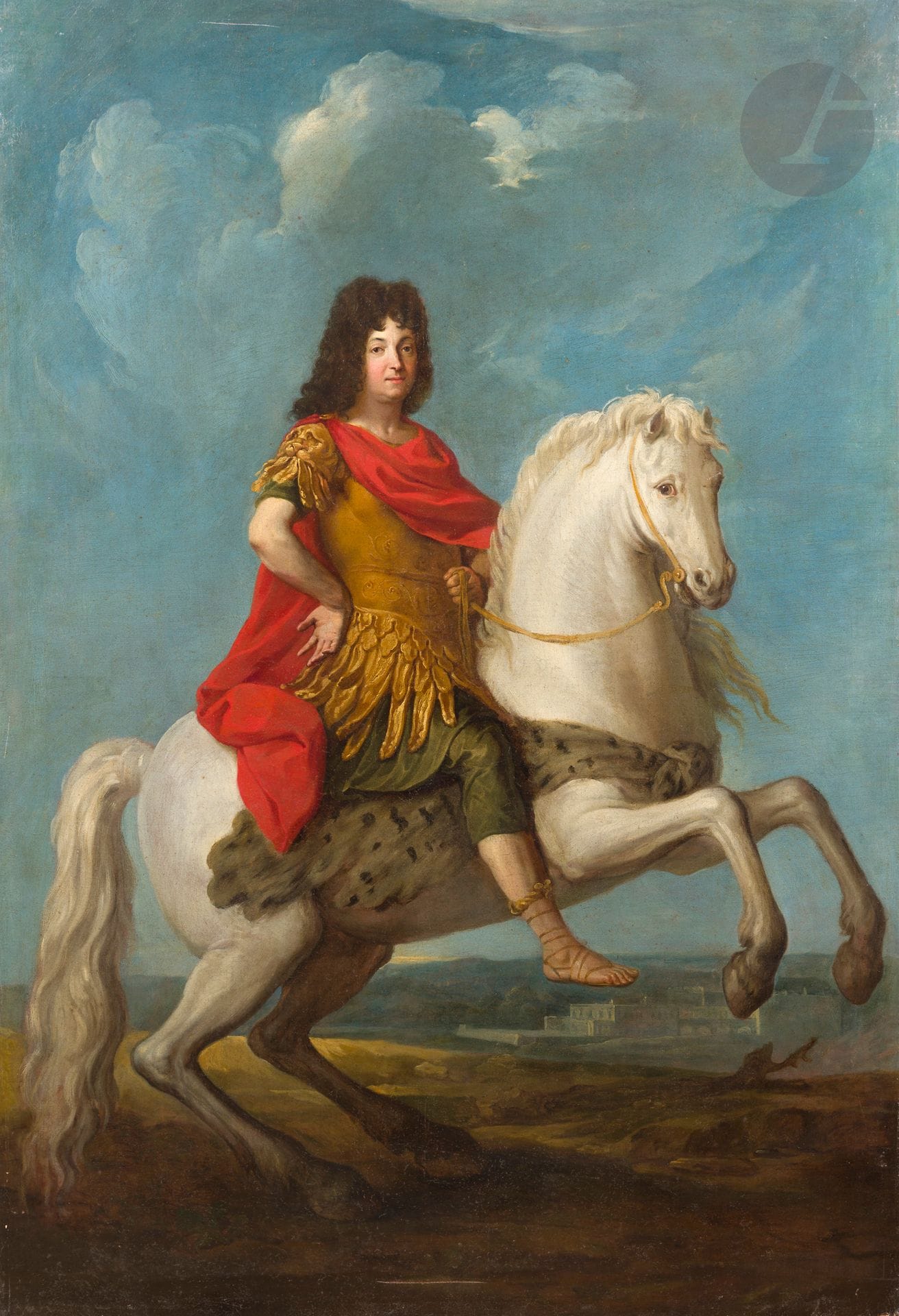 Bon BOULLOGNE (Paris 1649 - 1717)
Portrait équestre de Louis XIV en empereur romain
Toile
(Restaurations anciennes, griffures)
142 x 96 cm

Porte une ancienne attribution à Van Loo et à François de Troy.

Nous remercions François Marandet d'avoir suggéré cette attribution. Il date notre tableau aux alentours de 1695-1699 et le compare avec Le Retour de Jephté (toile, 152 x 217 cm) du musée de l'Ermitage à Saint Petersbourg. Il propose de voir dans le paysage, une vue du Palais du Grand Trianon et suggère que notre tableau a été peint après la commande de la suite sur Bacchus pour le Trianon (1693. Le seul tableau de la série, autrefois au musée des Beaux-Arts de Caen, a été détruit).