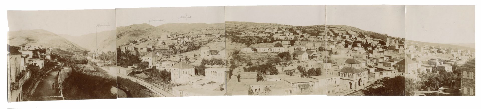 Unidentified photographer
Lebanon, Syria, c. 1900.
Village between Hama and Homs. Homs from the citadel. Ballast pickers. Banks of the Orontes. Bridge construction. Zahlé. Panorama. Market. Chief engineer. Anti-Lebanon. Beirut. Place des Canons. 
19 cyanotypes and 18 prints on citrate paper, including a panorama composed of five prints. Handwritten annotations in pencil on versos.
Medium format: 8 x 11 cm
Panorama size: 8 x 45.5 cm