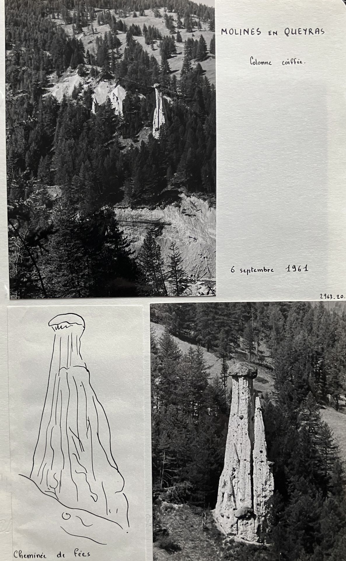 Amateur photographer
Alps, 1955-1964. 
Topographical and geopedological album.
Les Gypsières. Col du Galibier. Col du Lautaret. Barre des Écrins. Massif de la Meije. Ravin des Roches Noires. Combeynot massif. Casset glacier. La Vallouise. Pic de Pré-les-Fonts. Guil and Durance valleys. Mont Dauphin. La Main du Titan. Molines-en-Queyras. Durance valley. Bees and wasps being petrified. Embrun. Les demoiselles coiffées de Pontis. 
Binder, in-8, consisting of approximately 67 vintage silver prints laminated on sheets. Handwritten annotations and dates on mounts. Numerous drawings of mountain ranges, topographical maps and observation reports. 
Size of prints: from 4.5 x 8 to 8 x 11.5 cm