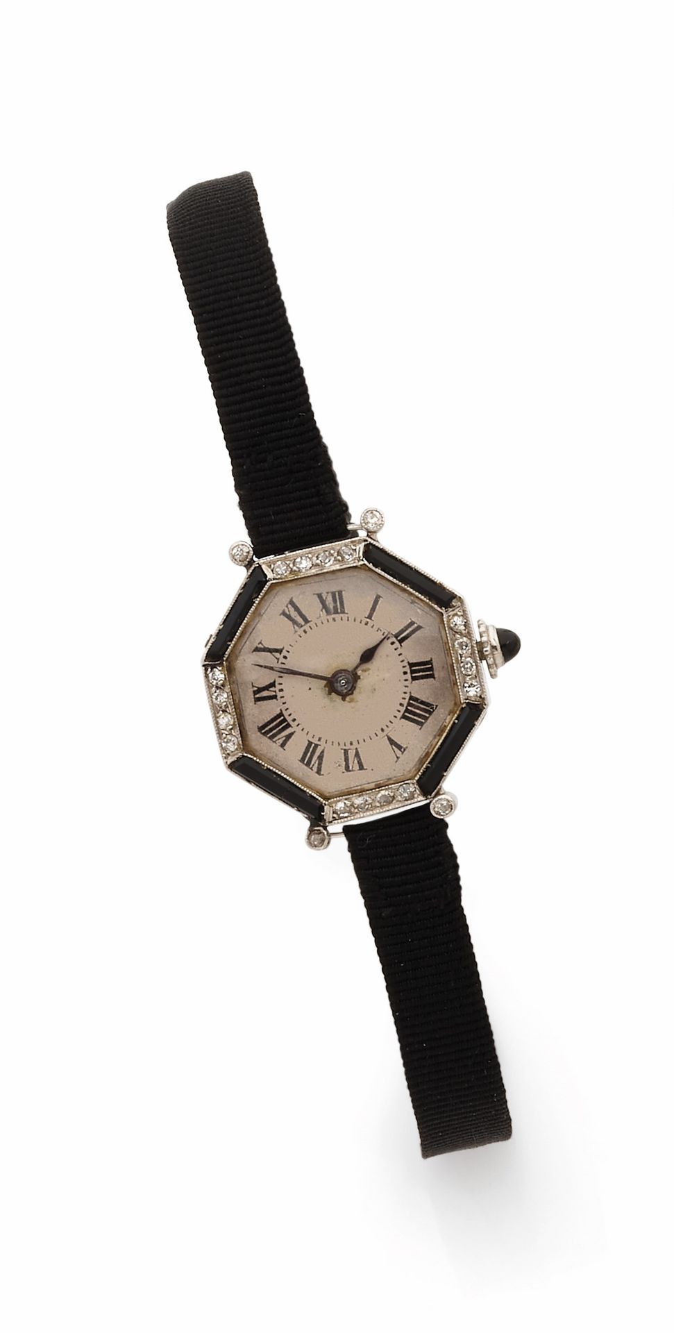 LECOULTRE FOR E. BLANCPAIN &amp; FILS
YEARS 20
Small ladies' wristwatch in platinum, 18K (750) yellow gold, diamonds, onyx on fabric, French work.
Case: octagonal in platinum and yellow gold with fine attachments, punctuated by a diamond (TA) at the ends, bezel adorned with onyx bars between a line of 4 diamonds (TA), millegrain setting, missing a screw on the caseband, crown adorned with an onyx cabochon.
Dial: silvered, painted Roman numeral hour markers, pear-shaped hands.
Movement: mechanical, signed A. Lecoultre et E. Blancpain &amp; Fils. 
Strap: fabric, metal buckle (broken). 
Movement signed. 
Numbered 584 (case back) and 7978 (case middle).
Diameter: 21mm 
Gross weight: 11.6g