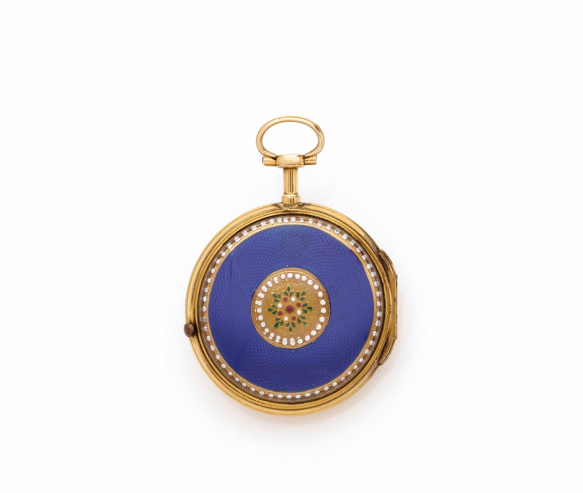 MICHEL MAGNEN, PARIS
BETWEEN 1770-1789
Pocket watch in 18K (750) yellow gold, enamel and metal.
Case: reverse with translucent blue enamel decoration on guilloché yellow gold, centered with a matte gold and enamel motif, both case edges in a matching decoration of enameled foliage and white dots on yellow gold. Second protective case in gilded metal. 
Dial: white enamel, painted 'Breguet' numerals.
Movement: gilt brass cock, verge escapement, chains and fusée. Signature on the plate.
Numbered 1779.
Diameter: 37mm
Gross weight: 43.78g (without second case).
