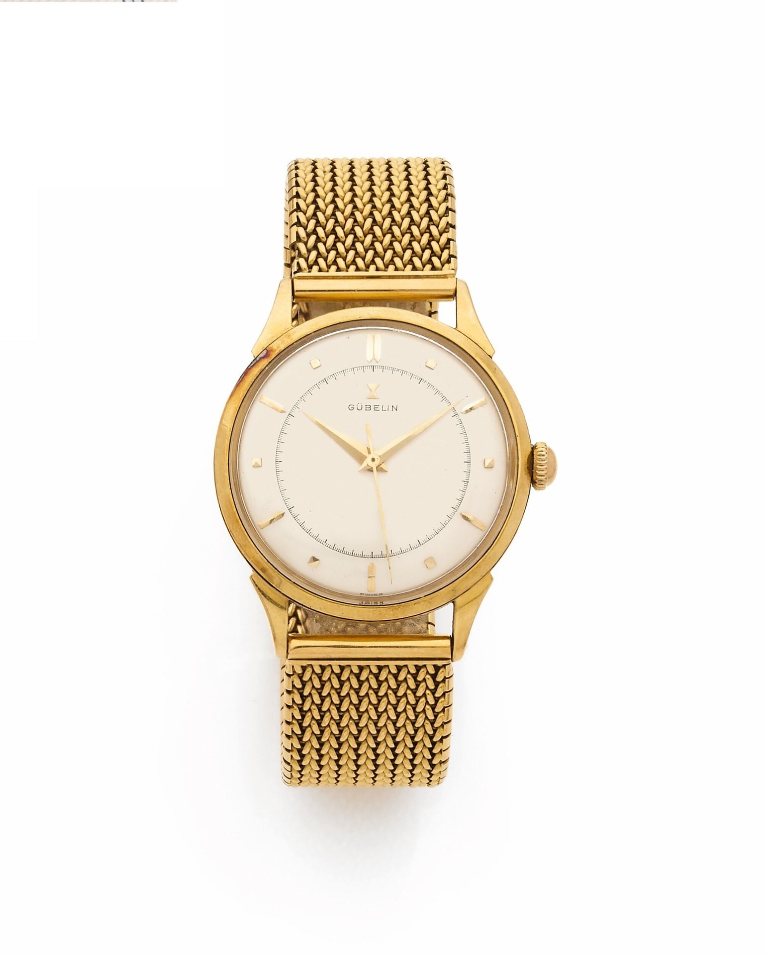 GUBELIN
60'S
Bracelet watch in 18K yellow gold.
Case: round, screw-down back, double metal back.
Dial: silvered, applied baton and pyramid hour markers, inner minute track, dauphine hands and central seconds.
Movement: mechanical.
Bracelet: braided yellow gold, single buckle, French work, applied.
Dial, case and movement signed. 
Numbered 140062.
Diameter: 35mm. Length: 18 cm. 
Gross weight: 96.53 g