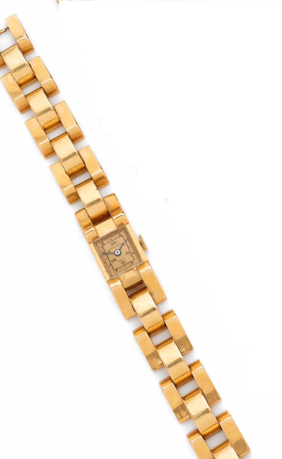 LEROY &amp; FILS PARIS
35 AV. OPERA
40'S
Ladies' "Tank" wristwatch in 18K (750) yellow gold.
Case: rectangular
Dial: matte gold, painted exterior Roman numerals, blued steel hands.
Movement: mechanical, unsigned.
Bracelet: yellow gold, "Tank" links, single buckle.
Dial and case signed. 
Numbered 158657.
Dim. 37x14 mm, length: 18cm. 
Gross weight: 52.6g