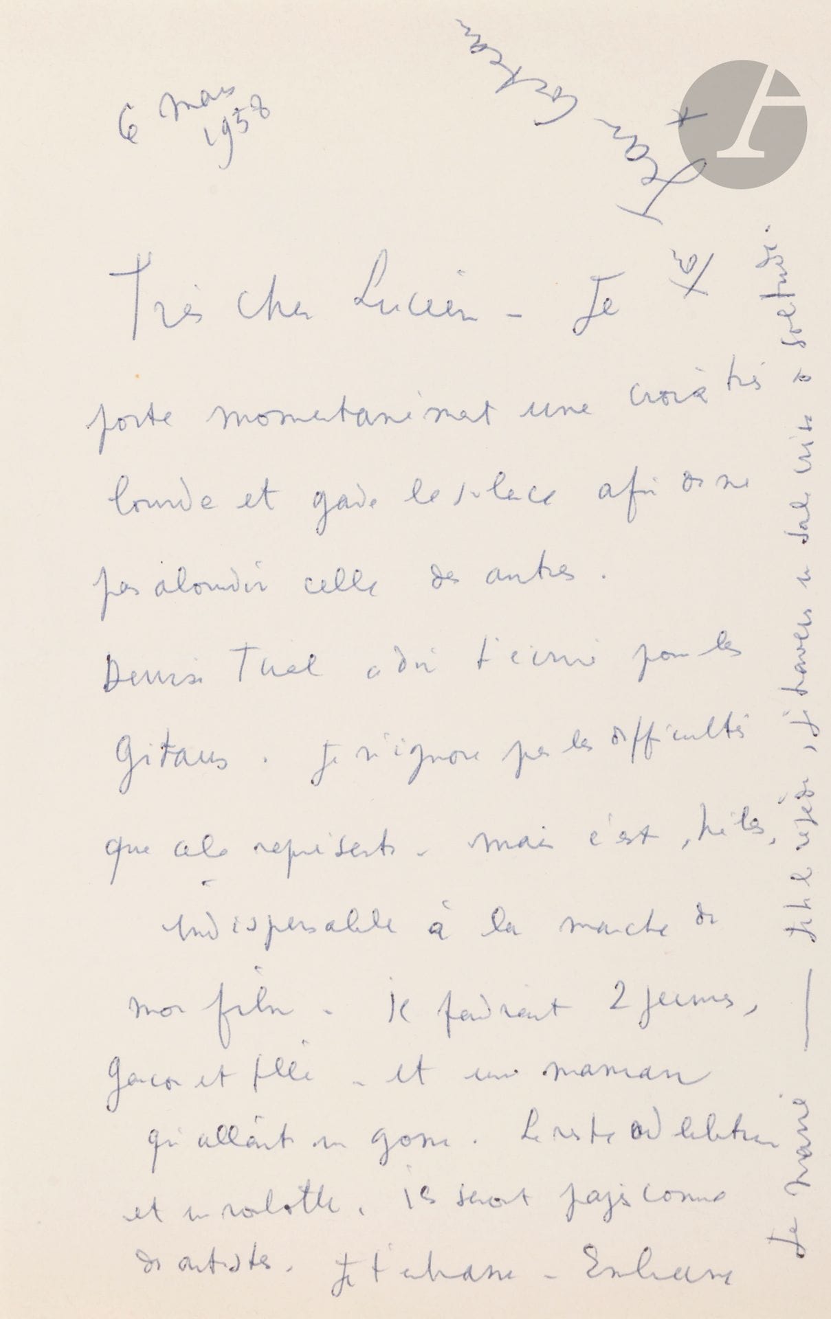 Jean COCTEAU (1889-1963) 
3 L.A.S., mars-mai 1958; 1page in-8 et 2pages in-4.
6 mars. «Je porte momentanément une croix très lourde et garde le silence afin de ne pas alourdir celle des autres. Denise Tual a dû t’écrire pour les Gitans, je n’ignore pas les difficultés que cela représente, mais c’est, hélas, indispensable à la marche de mon film. Il faudrait 2 jeunes, garçon et fille, et une maman qui allaite un gosse, le reste ad libitum et une roulotte. Ils seront payés comme des artistes»…
14 mai. «Si tu savais la moitié, que dis-je? le quart de mes obstacles et pourquoi j’ai dû (ou pu) remettre le film en septembre tu te dirais que l’âge et la gloire ne changent rien à l’affaire». Il trouve le livre d’Eluard [Corps mémorable, illustré de photos de Clergue] «magnifique». Gérard Worms, aux éditions du Rocher, «se débat dans d’extrêmes difficultés. Il lui était, avec les dettes d’Orengo, impossible d’avancer des millions pour un livre qui, comme les miens, est de vente “surprise”»…
[Fin mai], la lettre est écrite autour d’une photographie de Luis-Miguel Dominguin, page arrachée du programme de la Feria de Nîmes. «Comme j’apprends que des pauvres types du journalisme s’imaginent que je t’ai volé des images, peut-être est-il nécessaire de leur apprendre que tu as eu l’extrême gentillesse de me fournir quelques modèles. Je m’excuse, sauf en ce qui concerne le guitariste et la petite fille, assez exacts, que j’ai placés à côté de Mlle Carole Weisweiller, d’avoir métamorphosé un groupe de Gitans et qu’ils soient devenus soldats romains. Degas peignait directement sur des agrandissements photographiques et Utrillo copiait des cartes postales de Montmartre. Je me suis contenté de travestir des types des Saintes-Maries de même que je dois à de merveilleuses photographies sportives les attitudes de mes anges. Rien n’est neuf dans la merveilleuse entraide des artistes et rien non plus hélas n’est neuf dans l’espérance qu’ont les médiocres de nous supprimer quelques centimètres de gloire»…

On joint 5 lettres de Lucien CLERGUE à Cocteau (doubles carbone), mars-mai 1958.
CCC p. 50-53

Les lots 24 à 68 sont vendus sur enchères provisoires avec faculté de réunion.
