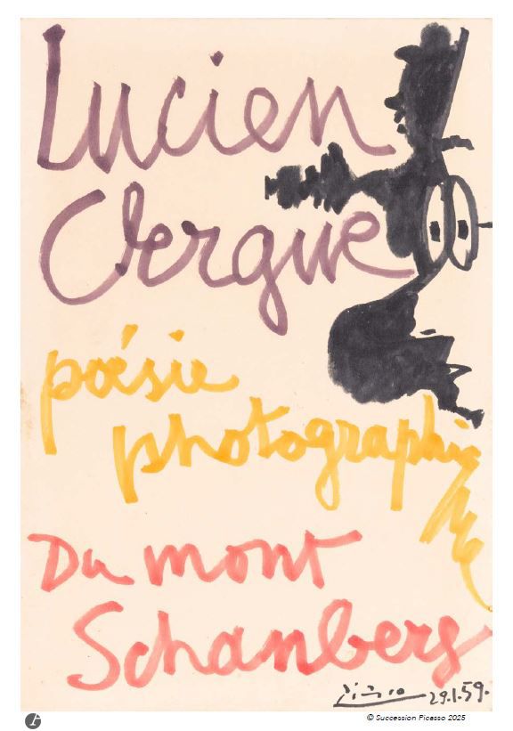 Pablo PICASSO (1881-1973)
Lucien Clergue poésie photographique DuMont Schauberg, 1959
Feutres de couleur.
Signé et daté «29.1.59» en bas à droite. 
32 x 23,5 cm
Réalisé pour l’ouvrage Poesie der Photographie (1960).

Exposition : 
De Clergue à Picasso, musée Réattu, Arles, 4 octobre 2014 – 4 janvier 2015.

Un certificat de Claude Ruiz Picasso, en date du 7 janvier 2020, sera remis à l’acquéreur.

Picasso y croque un double portrait de Lucien, où positif et négatif, profil et silhouette dialoguent avec humour. Le photographe est représenté à genoux, sa posture habituelle lors des corridas d’Arles ou de Nîmes, lorsqu’il prenait des photos derrière la barricade.