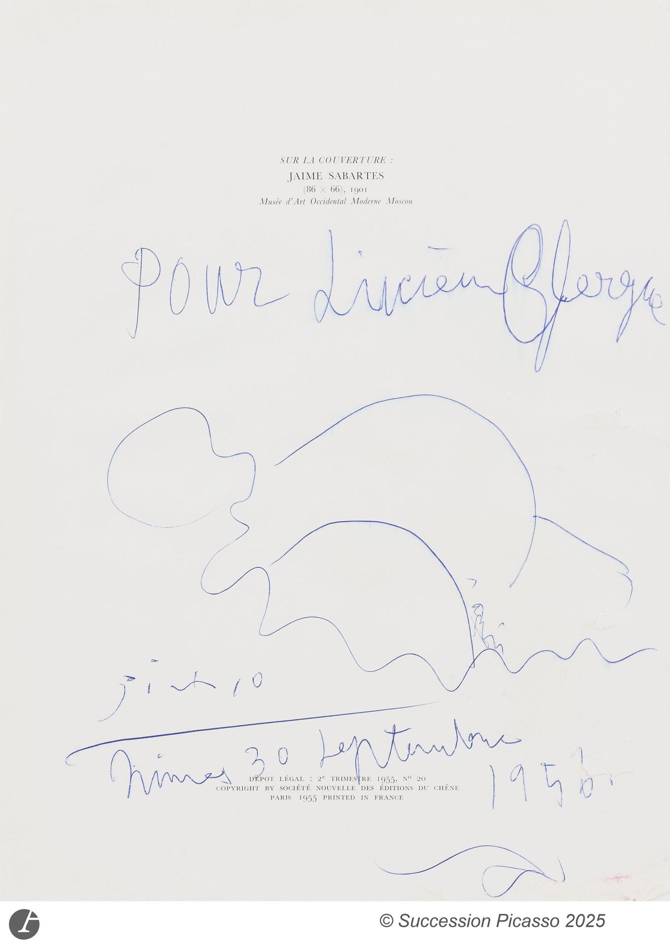 Pablo PICASSO (1881-1973)
Torero, 1956
Stylo-bille au verso d’une page de titre extraite de l’ouvrage Picasso Peintures époques bleues et rose.
Signé, daté «Nîmes 30 septembre 1956» et dédicacé «Pour Lucien Clergue».
(Petite déchirures et traces d’humidité).
36,5 x 27 cm

Exposition :
De Clergue à Picasso, musée Réattu, Arles, 4 octobre 2014 – 4 janvier 2015.

Un certificat de Claude Ruiz Picasso, en date du 7 janvier 2020, sera remis à l’acquéreur.