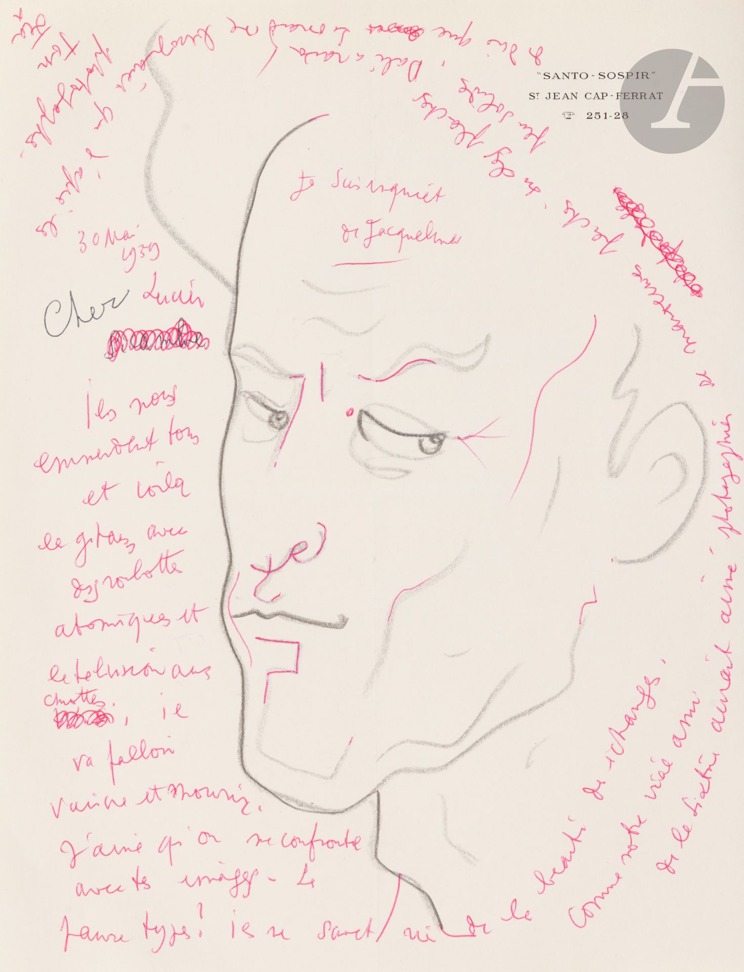 Jean COCTEAU (1889-1963)
L.A.S. avec dessin, 30 mai 1959; 1page in-4 (27 x 21 cm) à en-tête de Santo-Sospir.
Autoportrait occupant toute la page, au crayon noir et au stylo-bille rouge.
Tout autour, Cocteau a écrit au stylo-bille rouge: «Ils nous emmerdent tous et voilà les gitans avec des roulottes atomiques et la télévision aux chiottes, il va falloir vaincre et mourir. J’aime qu’on me confronte avec tes images. Les pauvres types! Ils ne savent rien de la beauté des échanges. Comme notre vieil ami de la Sixtine aurait aimé photographier ses manœuvres perchés sur des planches peu solides. Dali a raison de dire que Léonard ne besognait que d’après les photographes».
CCC p. 69, et reprod dans Documents.

Les lots 24 à 68 sont vendus sur enchères provisoires avec faculté de réunion.