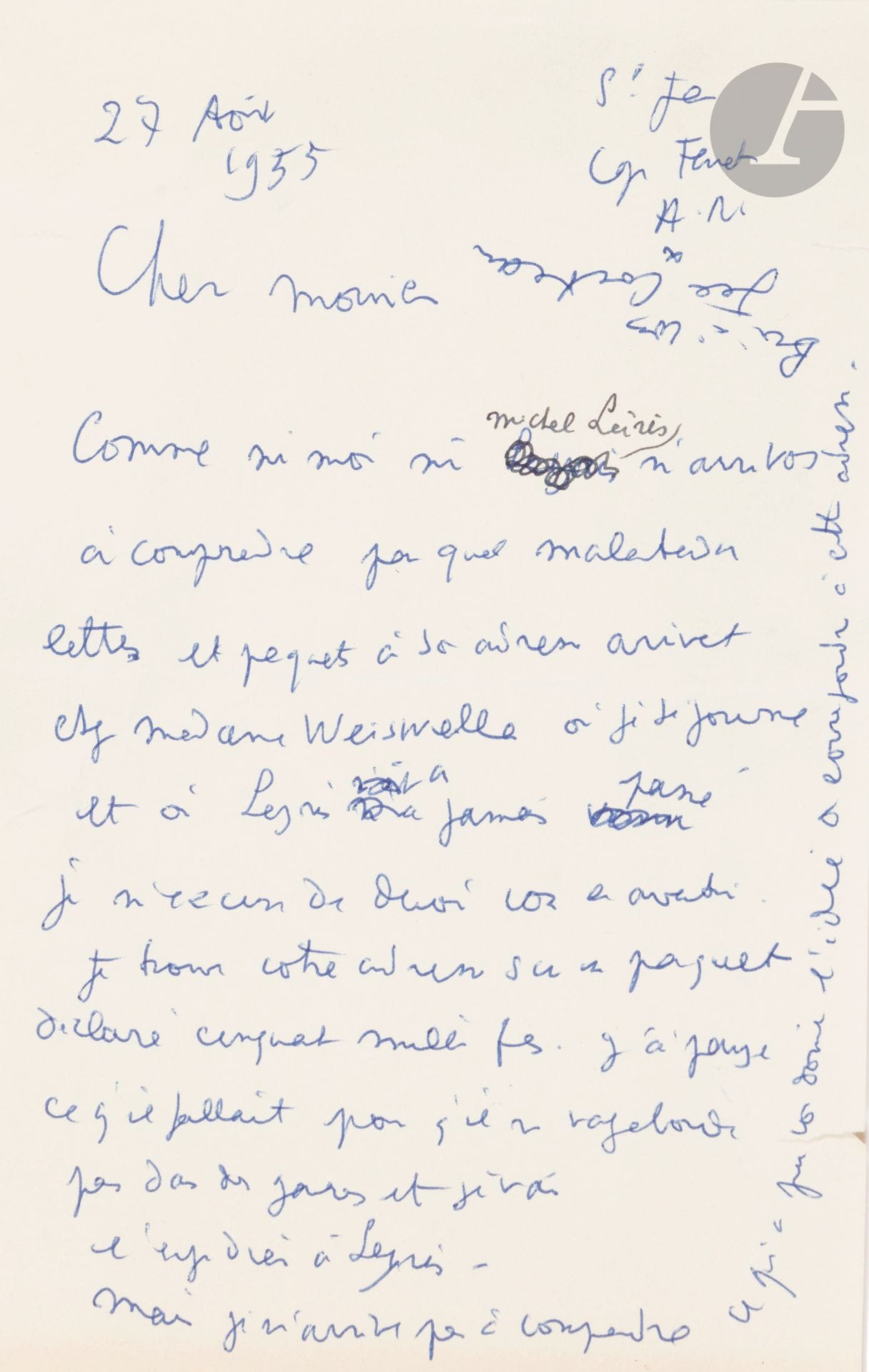 Jean COCTEAU (1889-1963)
4 L.A.S., août-décembre 1955 et s.d.; 3pages in-8, et 1page in-4 (petite déchirure à la 2e lettre, avec trace d’adhésif).
Saint-Jean Cap Ferrat 27 août: «ni moi ni Michel Leiris n’arrivons à comprendre par quel malentendu lettres et paquets à son adresse arrivent chez Madame WeisweIller où je séjourne et où Leiris n’a jamais passé»; il renvoie le tout à Leiris…
Milly 3 décembre. «Le silence venait d’une avalanche de lettres et de visites sous laquelle tout ce qui importait se trouvait pris. Les photos sont une masse légère de poésie et je me demandais par quel bout vous répondre. Je me le demande encore. J’ai une précision de mathématicien dans mon vague. De grâce dites en q.q. lignes votre souhait. Bon sang que je déteste ne pas faire plaisir à Picasso».
Milly 11 décembre. «Bien sûr que j’aimerais vous aider et faire plaisir à Picasso – mais vous ne me dites jamais de choses précises. Le paquet de photographies envoyé au Palais-Royal est-il destiné à être un album? De quelles autres photographies me parlez-vous? Mon travail est déjà étouffé par les lettres et les besognes de marge. Comprenez-moi et sachez que je vis à la campagne, qu’on me sollicite sans cesse pour des ouvrages photographiques et que les éditeurs redoutent ces tirages très coûteux et qui ne touchent pas le public des livres de luxe. (Ils ne veulent que des lithos ou des gravures originales)».
Mardi. «Soyez sans inquiétude. J’arrangerai tout cela sur place. Abruti de travail je vous embrasse».

On joint un télégramme de Cocteau (28.12.1955); et 7 lettres de Lucien CLERGUE à Cocteau, 29 août-28 décembre 1955, dont 6 minutes ou brouillons et un double carbone (21p. in-4).
CCC p. 7-14.

Les lots 24 à 68 sont vendus sur enchères 
provisoires avec faculté de réunion