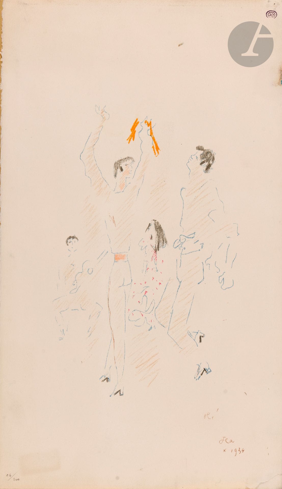 Jean COCTEAU (1889-1963)
Olé (danseurs de flamenco). Vers 1960. Lithographie d’après un dessin de l’artiste de 1934. [50,5 x 33 cm]. Impression en couleurs. Belle épreuve sur vélin blanc fort, numérotée au crayon, d’un tirage à 200, collée par les bords sur carton. Déchirure dans l’angle inférieur droit. Petites traces de colle, de plis et d’oxydation par endroits aux bords du feuillet. Toutes marges. Timbre de l’artiste dans l’angle supérieur droit.
