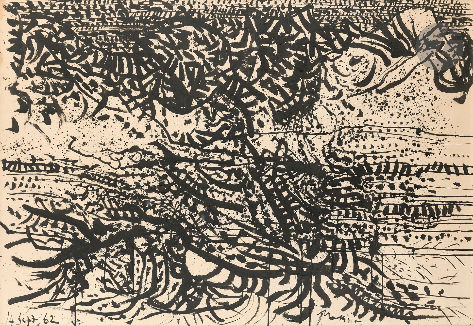 Mario PRASSINOS (1916-1985)
Paysage, 1962
Encre de Chine sur papier.
Signée en bas à droite.
Datée «14 sept 62» en bas à gauche.
75 x 105 cm

Un certificat de Madame Catherine Prassinos, expert membre de l’Union Française des Experts (UFE) pour l’œuvre de M. Prassinos, en date du 11 février 2025, sera remis à l’acquéreur.
