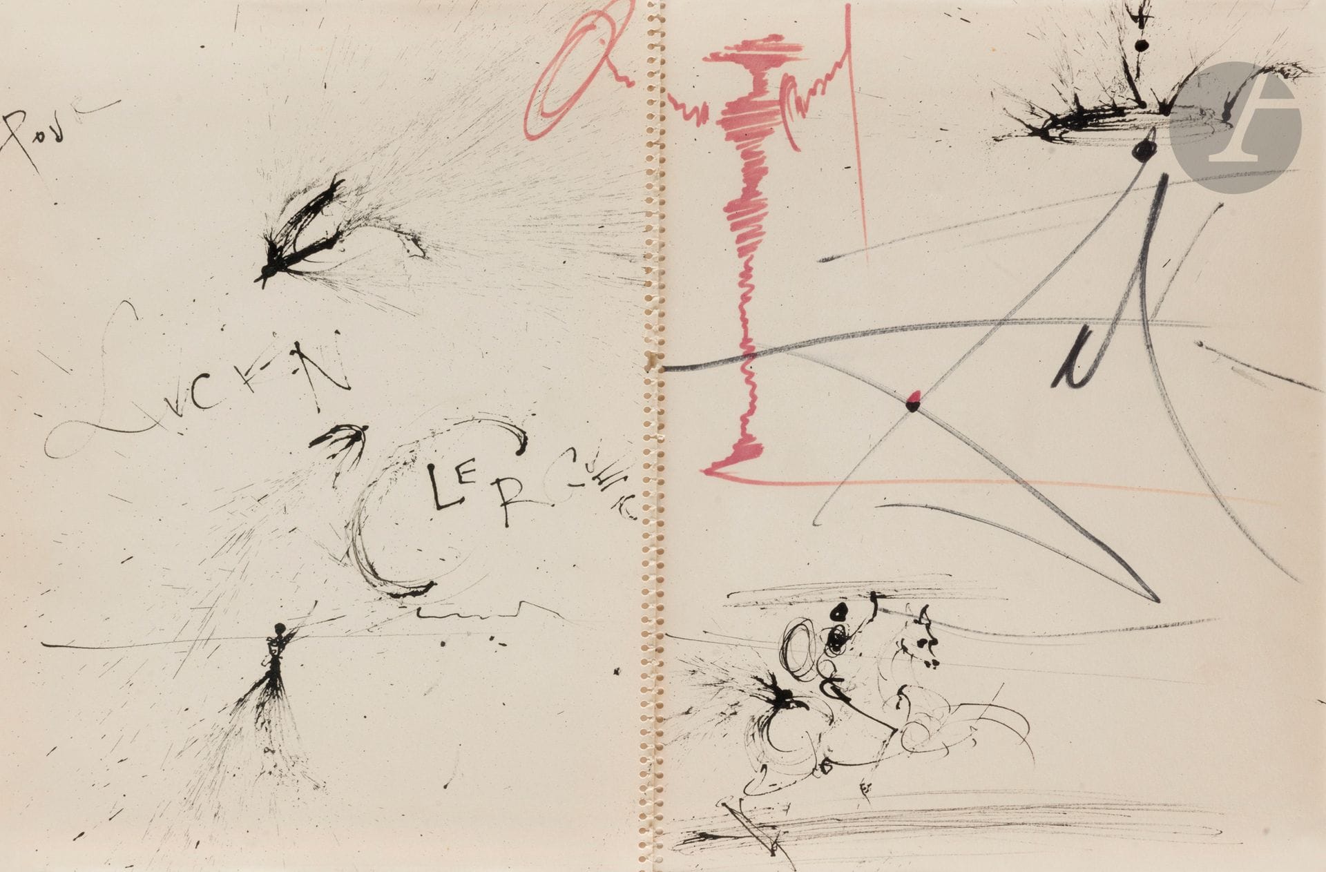 Salvador DALÍ (1904-1989)
Cavalier, oiseaux, couronne et picador
Encre et feutre sur double-page de carnet à spirales - Diptyque.
Signée sur la page de droite.
Dédicacée «Pour Lucien Clergue» sur la page de gauche.
32 x 46 cm