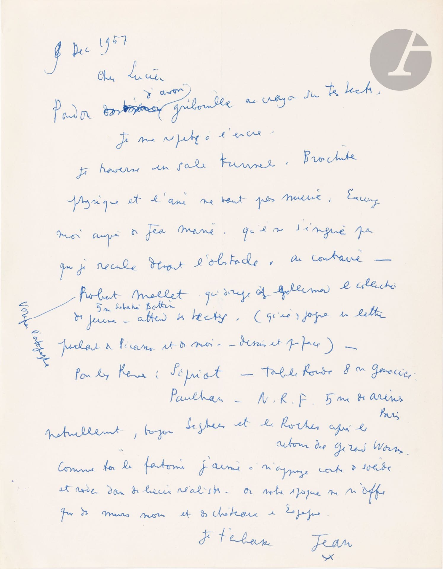 Jean COCTEAU (1889-1963) 
L.A.S., 9 décembre 1957; 1page in-4.
 «Je traverse un sale tunnel. Bronchite physique et l’âme ne vaut pas mieux. [...] Comme tous les fantômes j’aime à m’appuyer contre du solide et rêver dans des lieux réalistes. Or notre époque ne m’offre que des murs mous et des châteaux en Espagne».

On joint le tapuscrit d’un texte de Cocteau, Clergue, avec quelques corrections autographes (3p. in-4); et 5 lettres de Lucien CLERGUE à Cocteau (doubles carbone), novembre-décembre 1957.
CCC p. 40-45.

Les lots 24 à 68 sont vendus sur enchères 
provisoires avec faculté de réunion