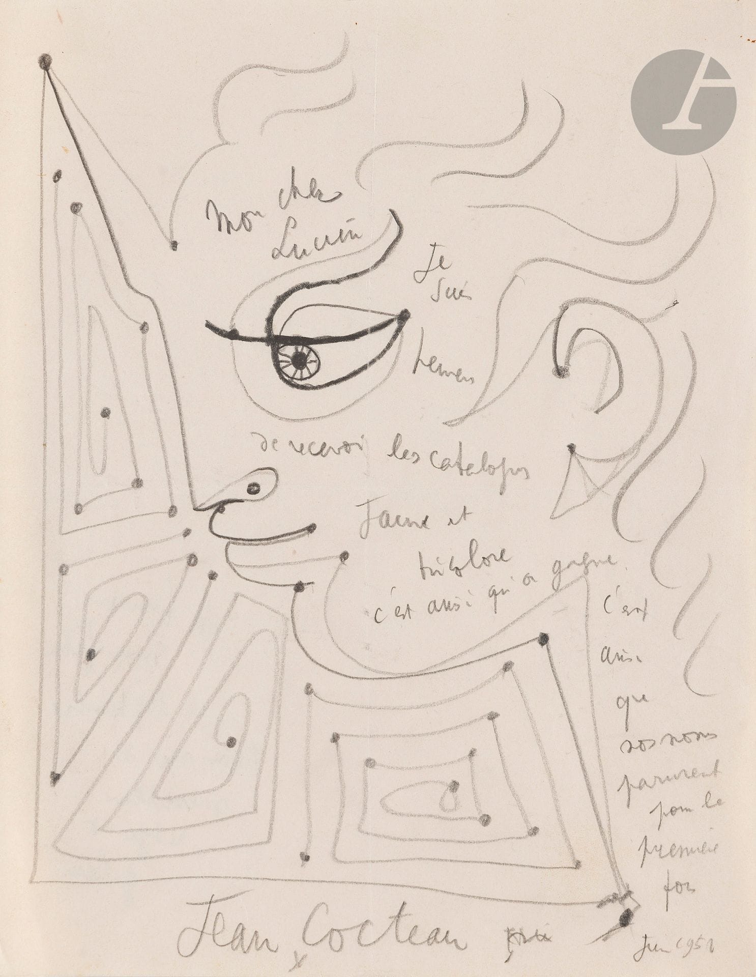 Jean COCTEAU (1889-1963) 
L.A.S. avec dessin, Juin 1958; 1page in-4 
(27 x 21 cm).
Grand dessin au crayon noir d’un visage de profil occupant toute la page.
Dans les espaces vides du dessin, Cocteau a écrit: «Mon cher Lucien, Je suis heureux de recevoir les catalogues jaune et tricolore, c’est ainsi qu’on gagne. C’est ainsi que nos noms parurent pour la première fois».
Il ajoute au verso: «Je tourne mon film en septembre. Trouve-moi de merveilleux visages de gitans».
CCC p. 53.

Les lots 24 à 68 sont vendus sur enchères provisoires avec faculté de réunion.