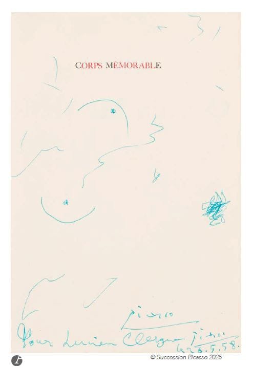 Pablo PICASSO (1881-1973)
Nu, 1958
Encre bleue sur la page de titre extraite de Corps Mémorable.
Signée deux fois, datée «le 26.5.58.» et dédicacée «Pour Lucien Clergue».
27 x 18 cm

Exposition : 
De Clergue à Picasso, musée Réattu, Arles, 4 octobre 2014 – 4 janvier 2015.

Un certificat de Claude Ruiz Picasso, en date du 7 janvier 2020, sera remis à l’acquéreur.