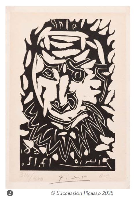 Pablo PICASSO (1881-1973)
Tête d’homme barbu. 17 décembre 1966. Linogravure. 17,2 x 10,8 cm. Bloch 1240 ; Baer 1850 B b. Belle épreuve du tirage en carte de vœux pour Madoura pour 1967, sur vélin remplié avec texte imprimé à l’intérieur, signée au crayon, numérotée et annotée «H.C.». Oxydation à l’ouverture du passe-partout. Tirage à 400 épreuves. 

Exposition :
De Clergue à Picasso, musée Réattu, Arles, 4 octobre 2014 – 4 janvier 2015.