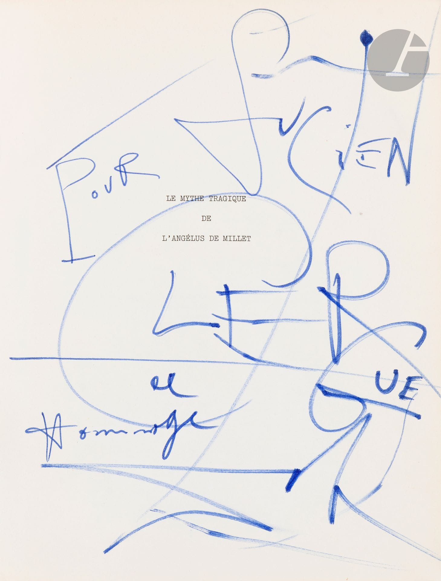 Salvador DALÍ (1904-1989) 
Le Mythe tragique de l’Angélus de Millet. Interprétation “paranoïaque-critique”. 

Paris: Jean-Jacques Pauvert, (1963). — In-4, 26,9 x 21,2 cm : 105 pp., (3 ff.). Toile beige d’édition, étiquette et vignette sur le premier plat, ruban de tissu et boucle en métal à la manière d’un cahier scolaire. 

Édition originale.
«Dans Le Mythe tragique de l’Angélus de Millet, écrit en 1938, Dalí applique son procédé d’interprétation paranoïaque-critique au tableau de Jean-François Millet, l’analysant en termes d’associations personnelles, irrationnelles et obsessionnelles, produites par les éléments distincts qui le composent. Il renverse ainsi complètement les analyses habituelles de ce maître naturaliste, peintre de la vie paysanne française. Dalí décrit en effet tout un réseau de significations cachées, qui feraient basculer le tableau dans le plus complet érotisme. Pour lui, la fourche plantée dans la terre, avec une avidité résolue pour la fertilité, signifie la pénétration sexuelle. Mais elle évoque aussi le scalpel employé pour la dissection. Des processus paranoïaques irrationnels relient Eros et Thanatos, le sexe et la mort… D’après Dalí, la posture du couple de paysans confirme son interprétation. L’homme essaie de cacher son état d’érection… par la position honteuse et compromettante de son chapeau. La pose de la femme est identifiée à la très libre perforation de la mante religieuse, allusion à l’habitude de l’insecte de dévorer le mâle après la copulation…» 
(Dalí. Le Mythe tragique de l’Angélus de Millet. Éditions Allia, 2011. Note de l’éditeur).

Imprimée à la manière des textes dactylographiés, l’édition est illustrée de nombreuses reproductions photographiques à pleine page en noir ou en couleurs. On trouve en appendice l’Explication d’une illustration des Chants de Maldoror.
Exemplaire enrichi de cet envoi autographe signé de Dalí adressé à Lucien Clergue, couvrant toute la page du faux titre : 
Pour Lucien Clergue // en // Hommage // Dali
Exemplaire très bien conservé malgré un coin effiloché. Manque le feuillet en regard du faux titre, sur lequel figurait un dessin original signé de Dali.